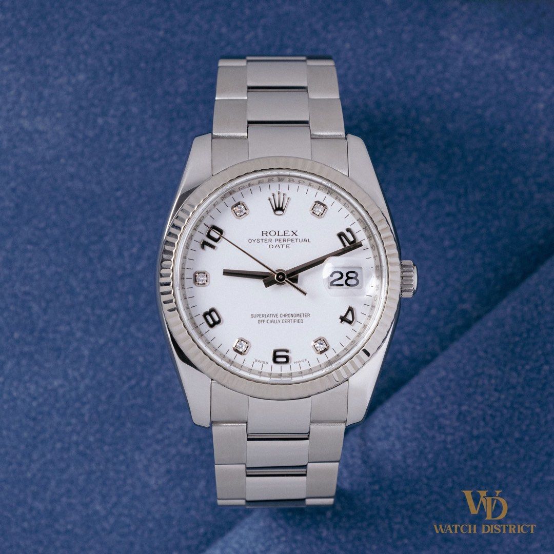 Full Set 34mm Rolex Oyster Perpetual Date 115234 White Arabic Numeral Diamond Dial G Series Oct 2010 (Category: Watches) located in Singapore. Submitted by watchdistrict (Listing ID 1440740688, Image 2). Description: Rolex Oyster Perpetual Date 115234 Price: SGD $8,588 Watch Reference: 34mm Rolex Oyster Perpetual Date 115234 WD Stock Number: FP11530 Dial Type / Colour: White Arabic Numeral Diamond Dial Series / Year: G Series 5 October 2010 Condi