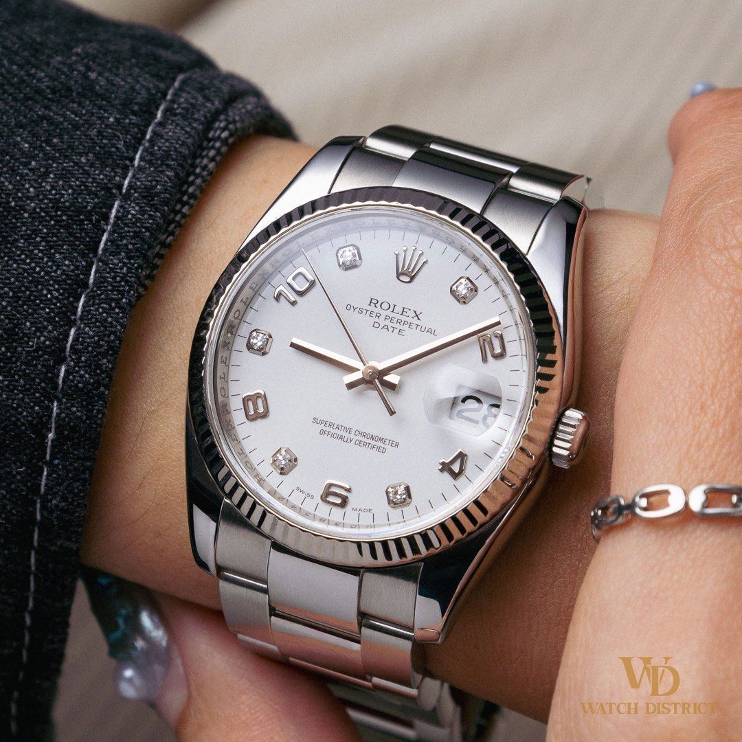 Full Set 34mm Rolex Oyster Perpetual Date 115234 White Arabic Numeral Diamond Dial G Series Oct 2010 (Category: Watches) located in Singapore. Submitted by watchdistrict (Listing ID 1440740688, Image 1). Description: Rolex Oyster Perpetual Date 115234 Price: SGD $8,588 Watch Reference: 34mm Rolex Oyster Perpetual Date 115234 WD Stock Number: FP11530 Dial Type / Colour: White Arabic Numeral Diamond Dial Series / Year: G Series 5 October 2010 Condi