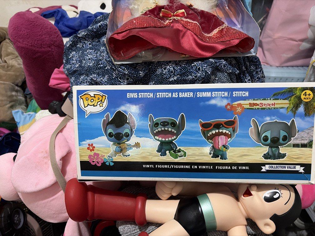 Funko Pop! Lilo & Stitch Elvis Stitch Baker Summ Stitch (Category: Designer & Blind Box Toys) located in Nagcarlan. Submitted by kateelove09 (Listing ID 1440756270, Image 2). Description: - Funko Pop! set featuring Stitch in various outfits. - Includes: Elvis Stitch, Stitch as Baker, Summer Stitch, and classic Stitch. - Ideal for any Lilo & Stitch fan. - Comes in a display box showing all figures. - Highly collectible item..