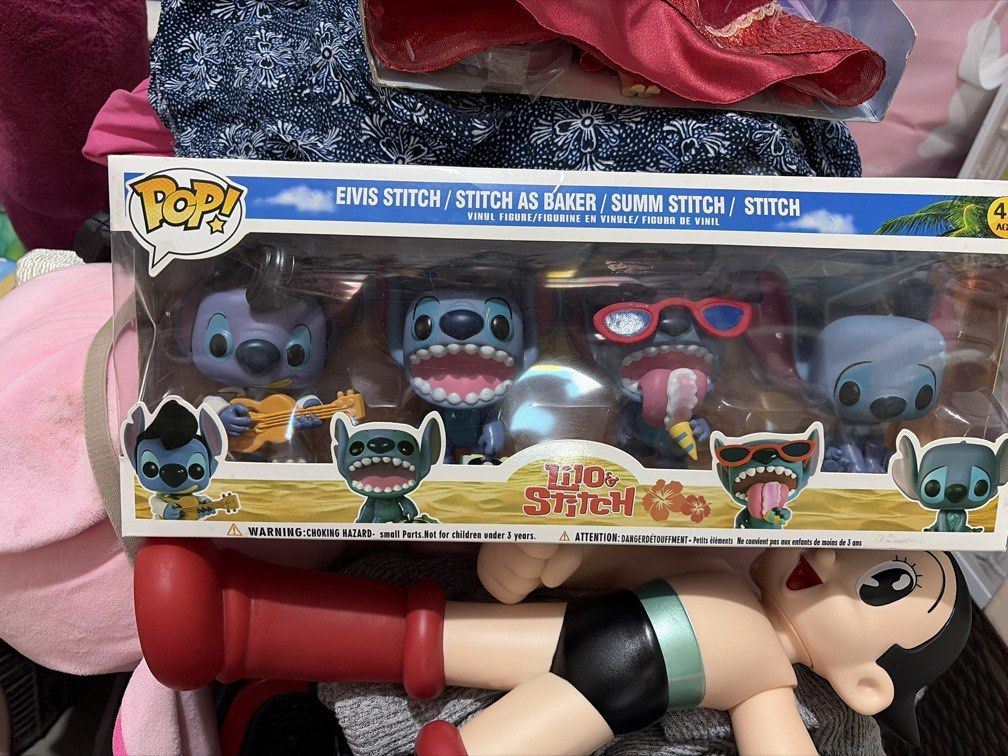 Funko Pop! Lilo & Stitch Elvis Stitch Baker Summ Stitch (Category: Designer & Blind Box Toys) located in Nagcarlan. Submitted by kateelove09 (Listing ID 1440756270, Image 1). Description: - Funko Pop! set featuring Stitch in various outfits. - Includes: Elvis Stitch, Stitch as Baker, Summer Stitch, and classic Stitch. - Ideal for any Lilo & Stitch fan. - Comes in a display box showing all figures. - Highly collectible item..