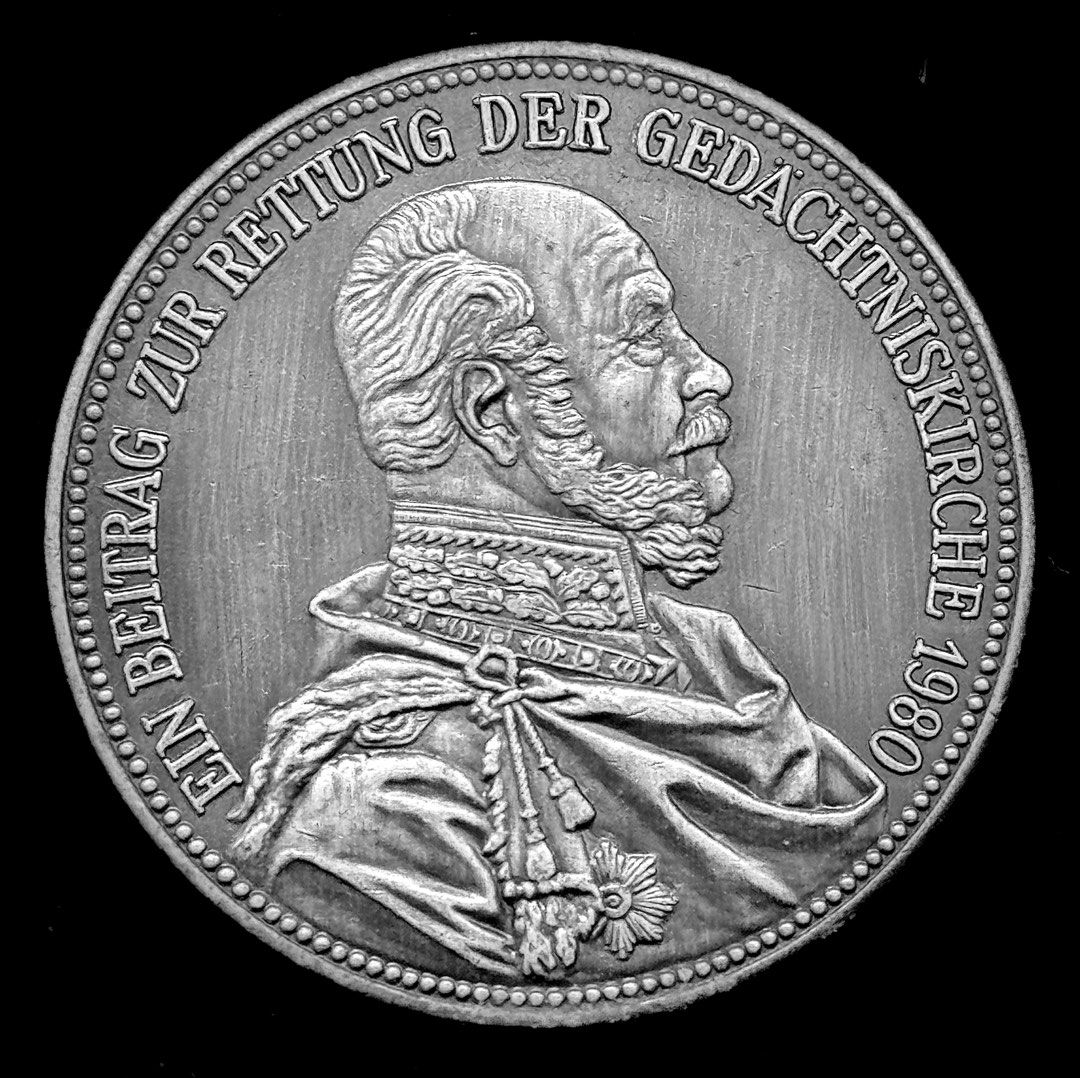 1980 Federal Republic of Germany (West – Coldwar Era) “Kaiser Wilhelm Memorial Church Restoration” Commemorative Silvered-Bronze Alloyed-Medal. Excellent Cond. w. Patinaed Toning, Full Sharp Details! 100% Orig. 26.0 Grs. 40 mm abt. > 50 Yrs. Beauteous! (Category: Currency) located in Singapore. Submitted by emporium.antiquities (Listing ID 1440700874, Image 1). Description: This exquisite numismatic object is a historic German commemorative donat
