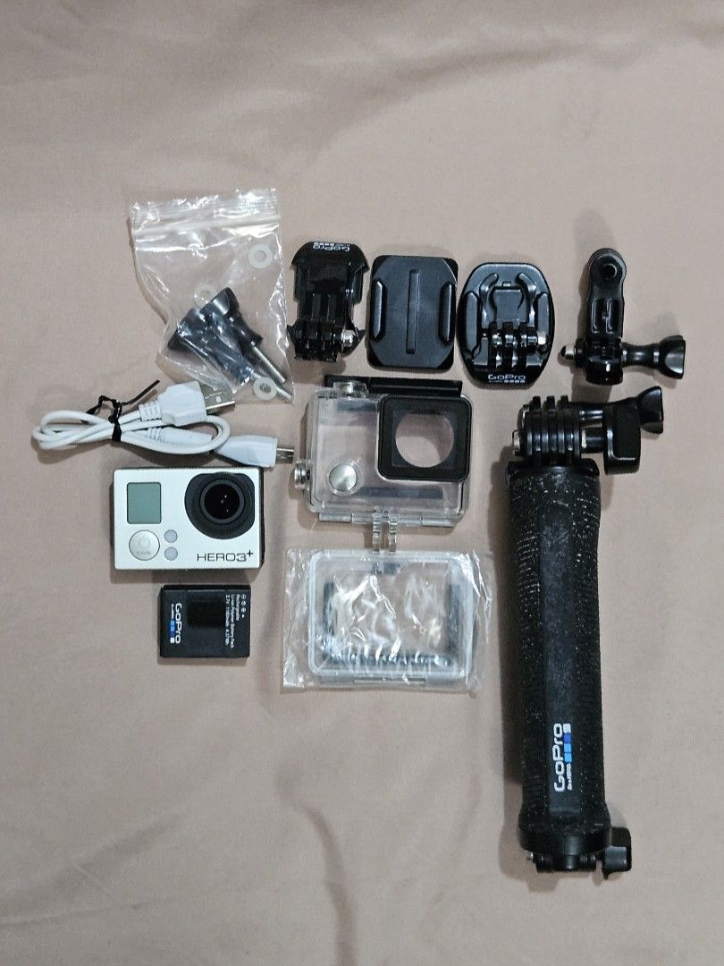 GoPro HERO3+ Action Camera with Accessories (Category: Cameras) located in Taguig. Submitted by apriiiilll00 (Listing ID 1440701085, Image 1). Description: - PRICE IS NON-NEGOTIABLE - GoPro HERO3+ Camera - 2 batteries - Waterproof Housing - Floating Hand Grip - Various Mounts Included - Cables Included - Battery and Charger Included - Ideal for capturing adventures NO RETURN POLICY.