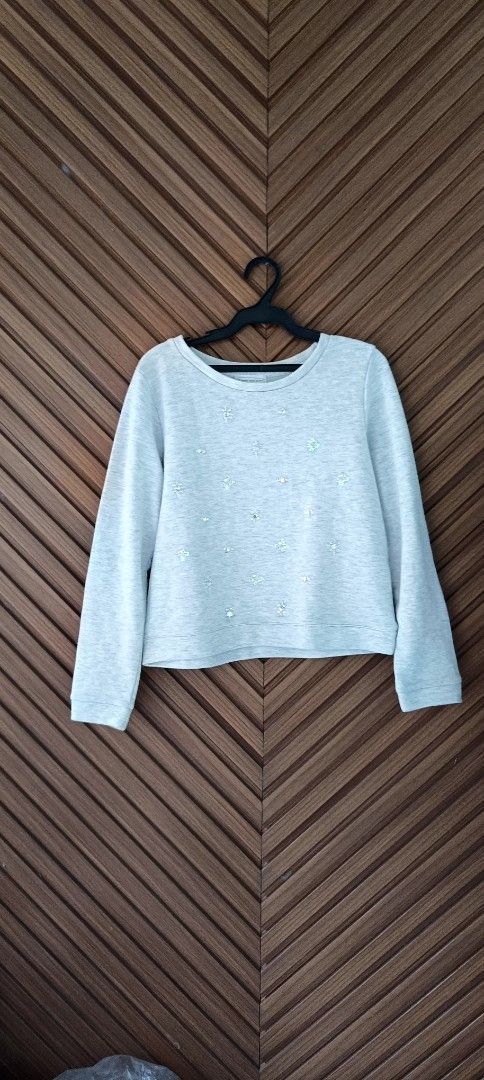 Grey Embellished Long Sleeve Sweater (Category: Longsleeves) located in Davao. Submitted by fabmegashop (Listing ID 1440688065, Image 1). Description: - Light grey sweater - Textured pattern - Small sparkly embellishments all over - Round neckline - Long sleeves - Measurements: Chest approx 18 inches, Sleeve length approx 17 inches - Ideal for a casual look.