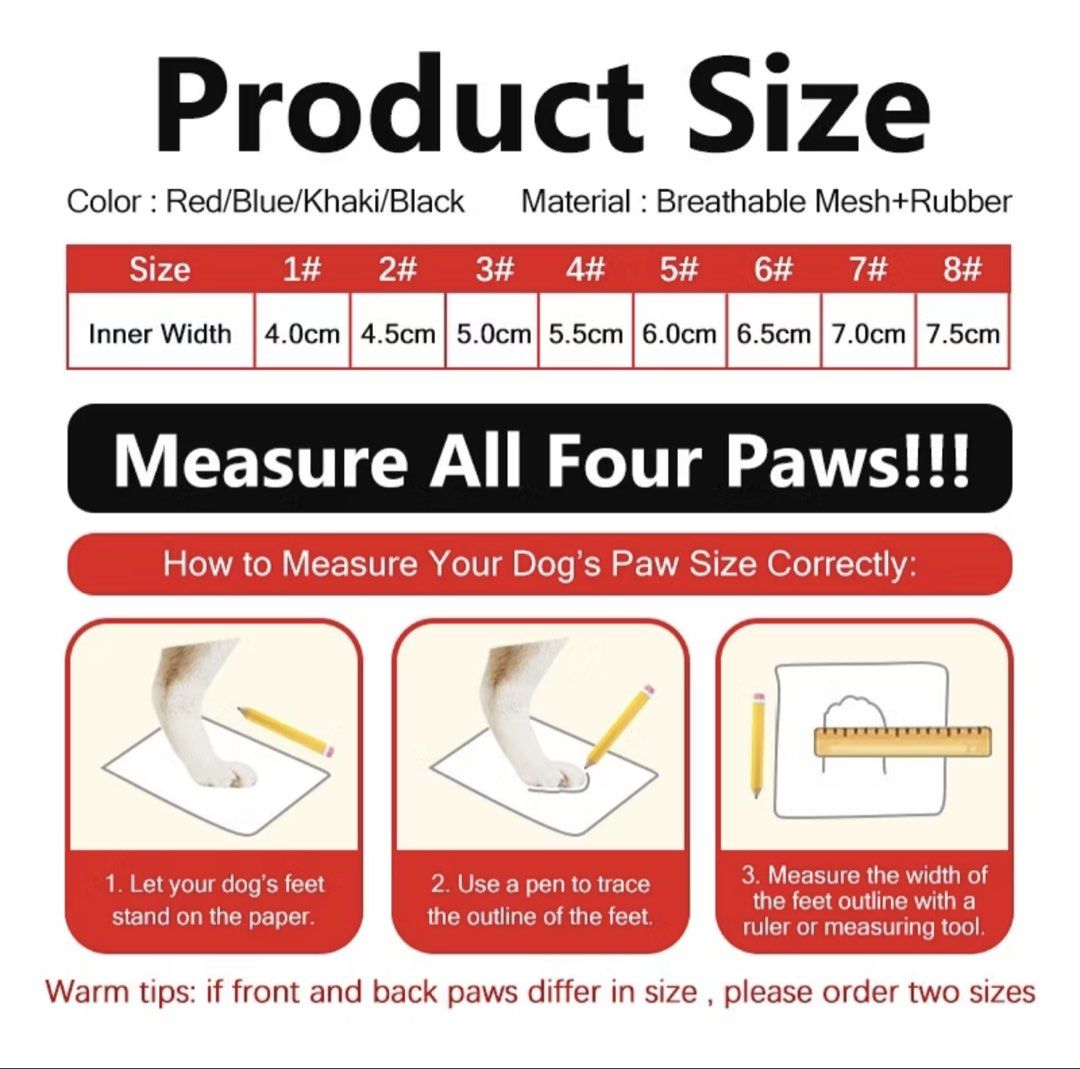 HamshMoc Dog Boots for Walking and Protection (Category: Homes & Other Pet Accessories) located in Las Pinas. Submitted by boogieman13 (Listing ID 1440747304, Image 3). Description: - 4.5cm width - good as brand new! Fitted only - Protect your dog's paws with boots. - Made with breathable mesh and durable rubber soles. - Features reflective strips for enhanced visibility during night walks. - Adjustable hook and loop straps ensure a secure and co