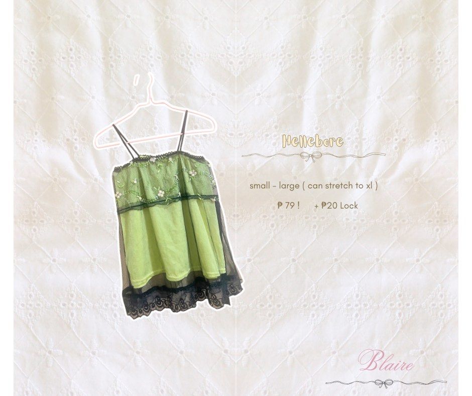 Hellebore Green Embellished Tulle Top (Category: Others Tops) located in Manila. Submitted by lilyblaireclo (Listing ID 1440746404, Image 1). Description: - Cute green top from Hellebore - Features pretty bead and flower embellishments on the chest - Black lace trim on the hem - Stretchy material, fits Small to Large, can stretch up to XL - Price: P79 - Lock fee: P20.