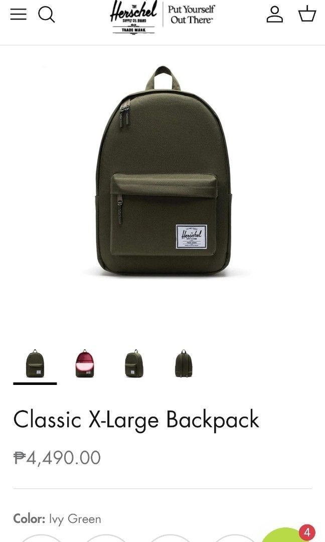 Herschel ivy green classic backpack (xl) (Category: Backpacks) located in Manila. Submitted by biaman (Listing ID 1440739653, Image 2). Description: - Original price from Herschel website is 4,490 discounted to 2,500 only - Guaranteed original and brand new with seal and tags (please see picture) - Delivery thru Grab or Lalamove - Pick up at Binondo, Malate or Cavite - Meet up.