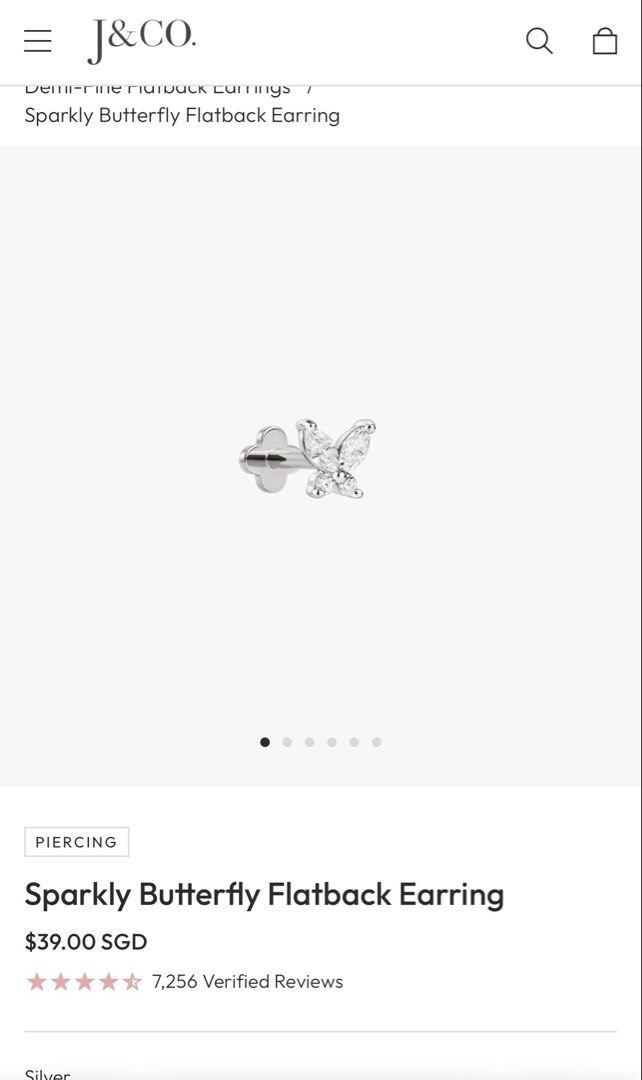 J&CO Sparkly Butterfly Flatback Earring (Category: Earrings) located in Singapore. Submitted by jolene21 (Listing ID 1440608012, Image 2). Description: Original Price is $39. Selling away at $30 because it was completely not worn or used (only took it out to take the photo). - Comes with original pouch - Can shower with it - 1 stud only.