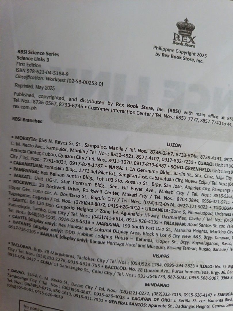 K12 Science Links 3 Worktext First Edition 2025 (Category: Textbooks) located in Manila. Submitted by mookiemonster (Listing ID 1440752696, Image 2). Description: - K12 Textbook: Science Links 3 Worktext - Focus: Scientific and Technological Literacy - Edition: First Edition - Publisher: Rex Book Store, Inc. - Copyright Year: 2025 - Ideal for students' studies. - minimal answers, like new.