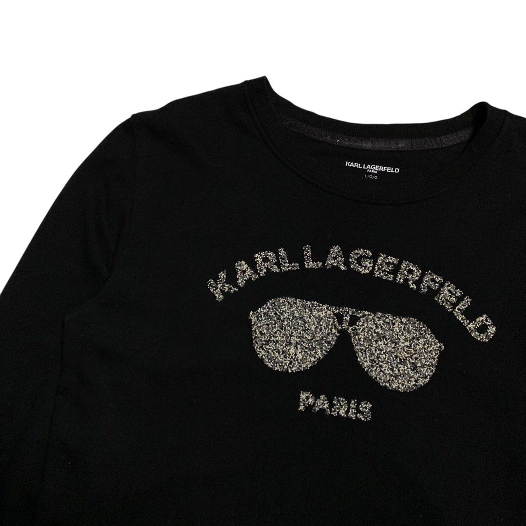 Karl Lagerfeld Paris beads Logo Sweater (Category: Coats, Jackets and Outerwear) located in Baguio. Submitted by thesecretshop_ph (Listing ID 1440656107, Image 2). Description: Size: Large Lenght: 26” Width: 22” Issue: -.