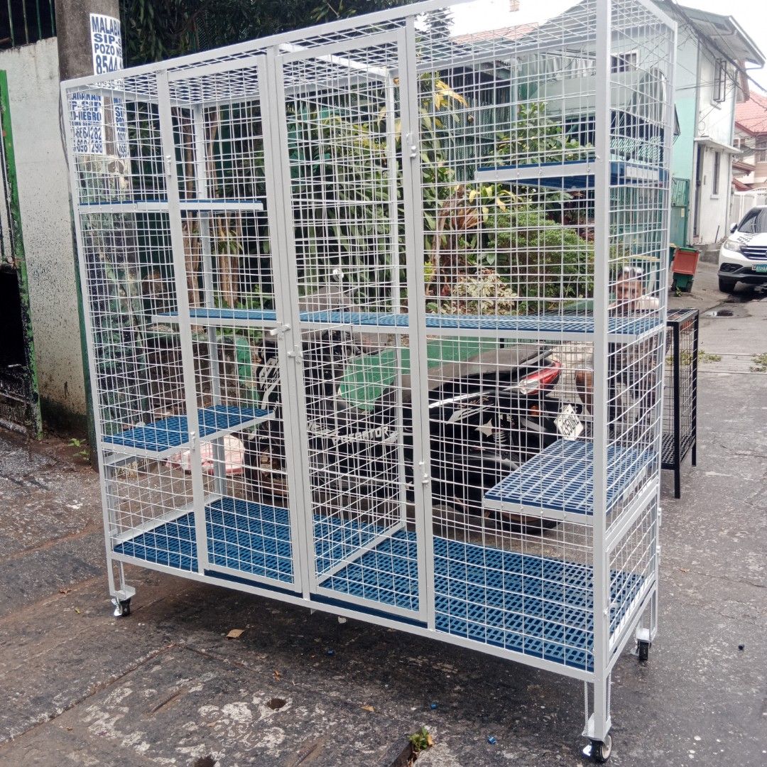 Large Multi-Level Cat Cage with Wheels (Category: Homes & Other Pet Accessories) located in Cainta. Submitted by tinybubblesmadredecacao (Listing ID 1440704083, Image 1). Description: - Spacious multi-level cat condo - Sturdy wire mesh construction - Blue plastic flooring - Attached wheels for easy mobility - Provides a safe and entertaining space for cats - Ample room for climbing and lounging.