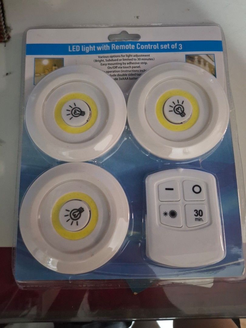 LED Puck Lights with Remote Control Set of 3 (Category: Lighting) located in Manila. Submitted by n0cturnyl (Listing ID 1440660556, Image 1). Description: - Set of 3 LED puck lights - untested - Includes remote control - 30-minute timer function - Easy to install - Perfect for cabinets, closets, or under shelves - Requires 3 AAA batteries (not included) .