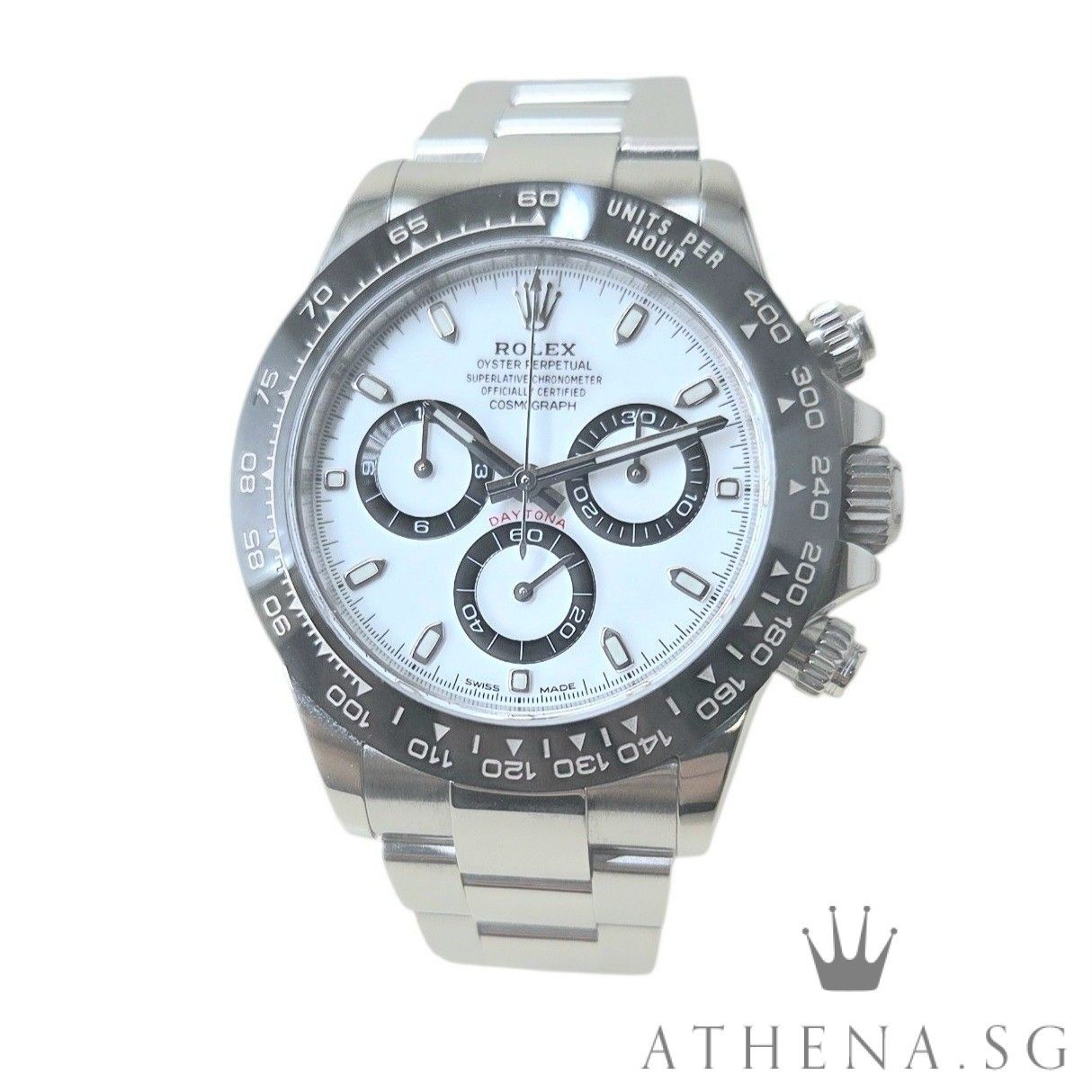LIKE NEW!! ROLEX OYSTER PERPETUAL COSMOGRAPH DAYTONA CERAMIC 40MM “WHITE PANDA DIAL” WITH BOX, WHITE TAG & CERT DATED 05/2023 (STILL UNDER AGENT WARRANTY) 116500LN [DISCONTINUED] (Category: Watches) located in Singapore. Submitted by athenawatches (Listing ID 1440603095, Image 1). Description: JGWRL_3459 Brand Rolex Model 116500LN Series Alpha Numeric Colour of Dial White Dial with Luminescent Index Markers "Panda Chronograph Dial" Bezel Fixed Bl