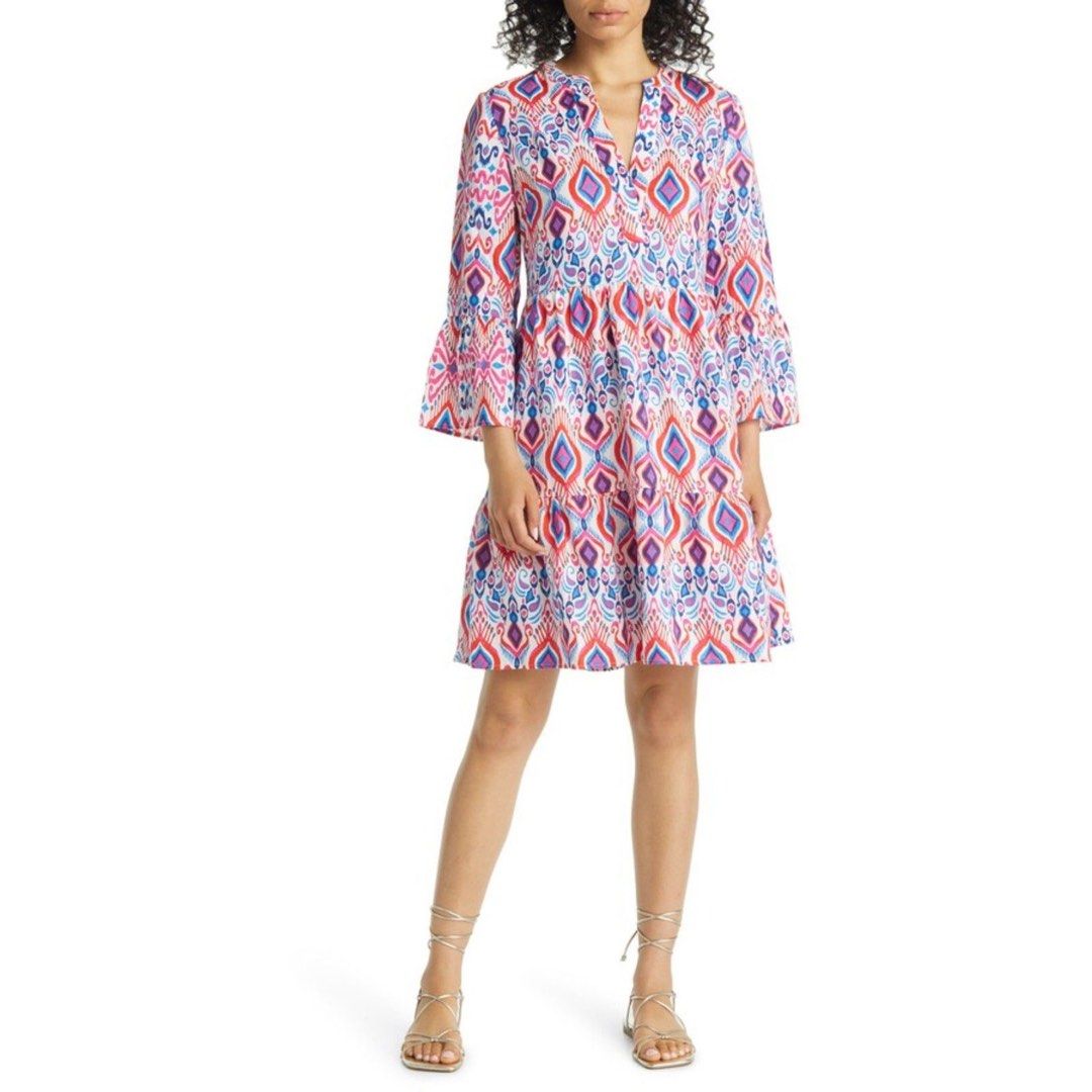 Linen Bell Sleeve Dress (Category: Dresses) located in Caloocan City. Submitted by italdeclutter (Listing ID 1440742168, Image 1). Description: - Fun and colorful tiered dress - Bell sleeves with a slight flare - V-neckline with a small slit - Vibrant ikat pattern - Ideal for casual days or vacations - Easy to wear and comfortable.