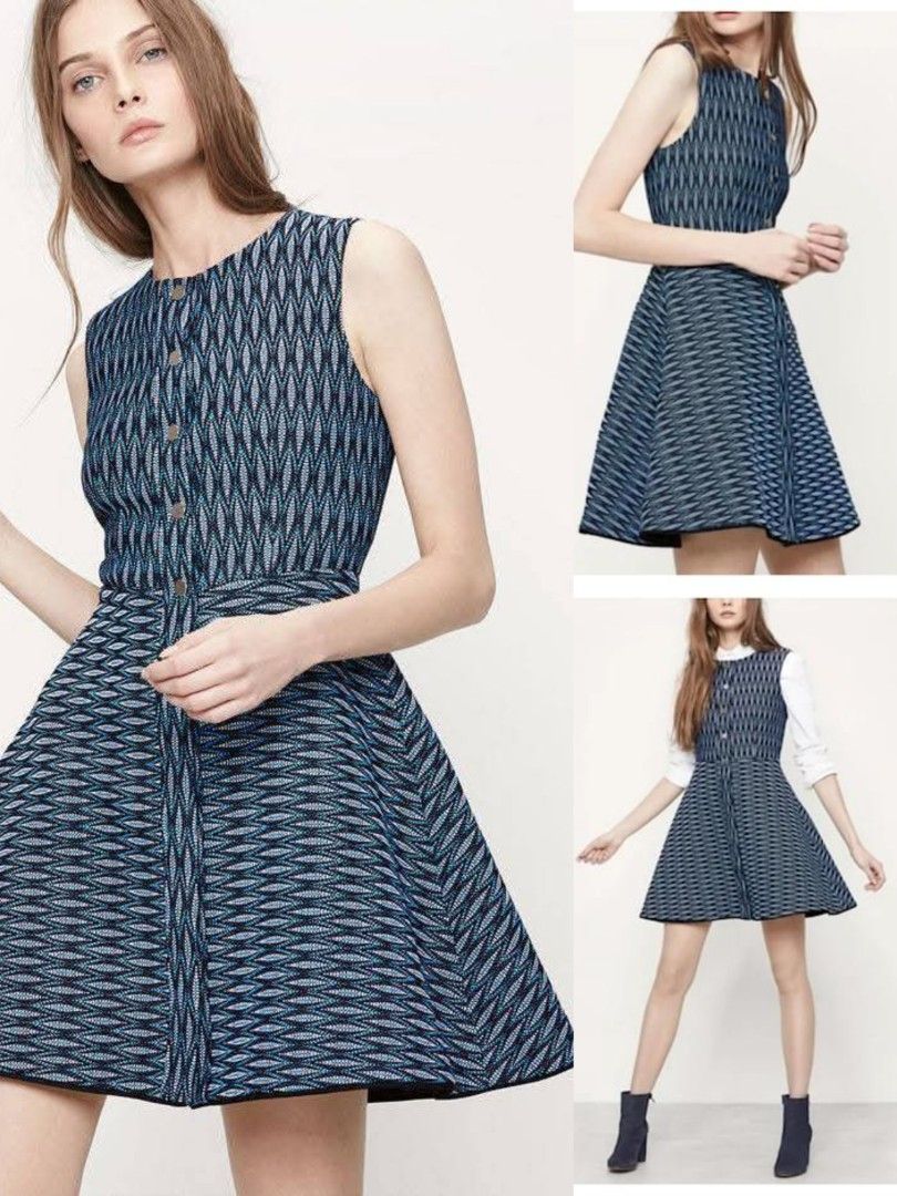 Maje Sleeveless Jacquard Dress (Category: Dresses) located in Pasay City. Submitted by bbearyoon (Listing ID 1440642549, Image 2). Description: Snap button down XS to S size HQ Thick Armpit to Armpit - 15.5in Waist - 26in Length - 32in Dm for any questions😊.