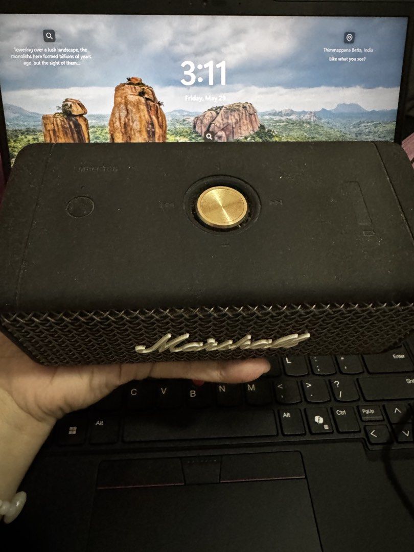 Marshall Portable Bluetooth Speaker - Black (Category: Soundbars, Speakers & Amplifiers) located in Makati City. Submitted by nixxx000 (Listing ID 1440642270, Image 2). Description: - Marshall portable speaker in black - Connects via Bluetooth - Excellent sound quality for its compact size - Perfect for music on the go - Some dust from storage, but tested and working perfectly Issue: Charging, always low batt, upon checking on some reviews this i