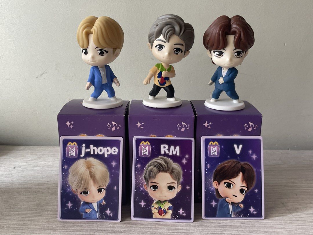 McDonald's TinyTAN BTS Figurines RM J-Hope V (Category: Designer & Blind Box Toys) located in Manila. Submitted by karinkloset (Listing ID 1440606925, Image 1). Description: - McDonald's TinyTAN collaboration set - Includes RM, J-Hope, and V figurines - Comes with original boxes - Includes character cards - Ideal for BTS fans and collectors.