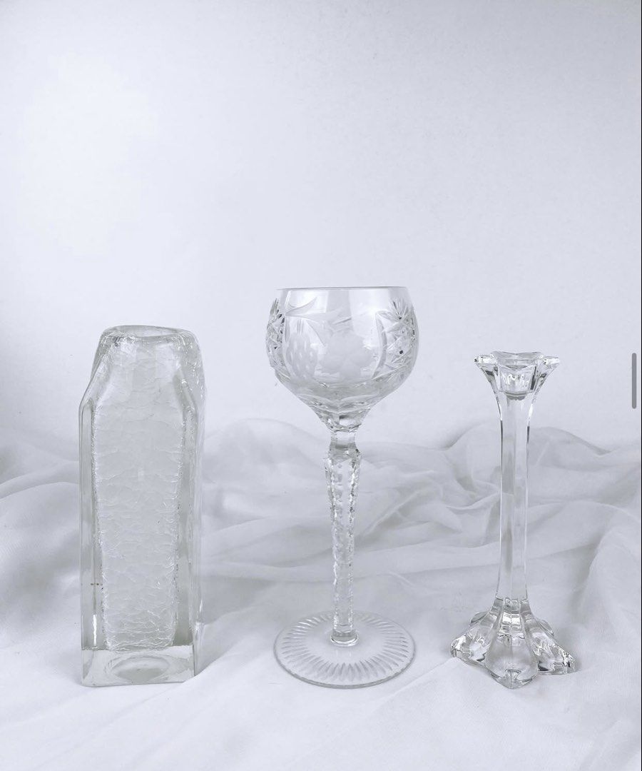 Mixed Glass/Crystals (Category: Other Home Decor) located in Pasay City. Submitted by thepickypicker (Listing ID 1440699292, Image 1). Description: Mixed Glass/Crystals Mikasa Crystal candle holder P280 Size: 6 3/8 tall Tall Bohemia Crystal Goblet, Etched P580 Size: 8 3/8 tall, 3" wide Crackled Lopsided Vase P480 Size: 7 3/8 tall, 2 3/8.