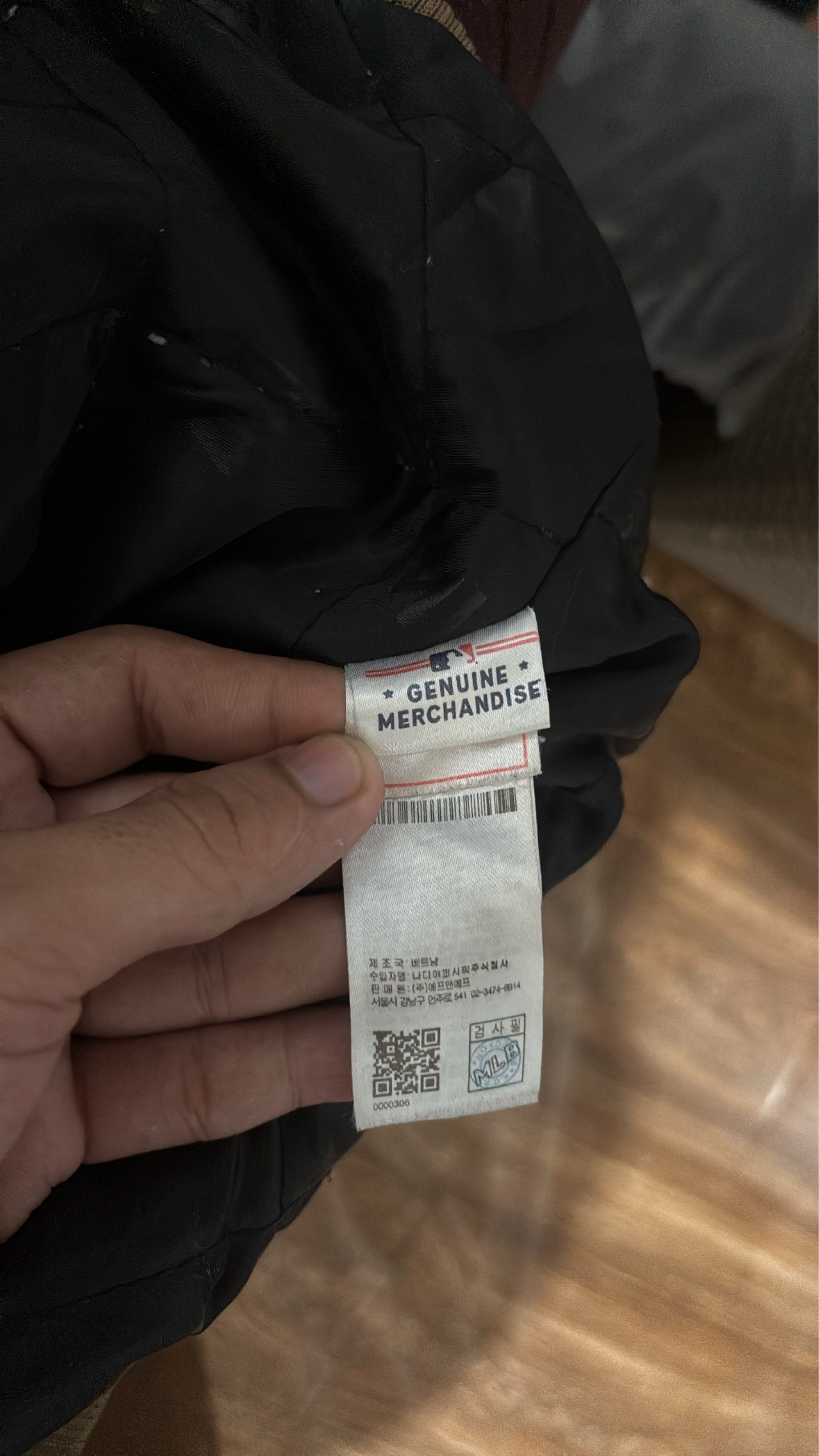 MLB New York Yankees Bomber Jacket - Size L (Category: Coats, Jackets and Outerwear) located in Batangas. Submitted by franzbucal (Listing ID 1440703878, Image 3). Description: - Brown and cream bomber jacket - Features New York Yankees logo - MLB genuine merchandise - Measurements: Width 24 inches, Length 27 inches - Ribbed cuffs and collar - Note: Small marks on the cream cuff, please check photos for details..