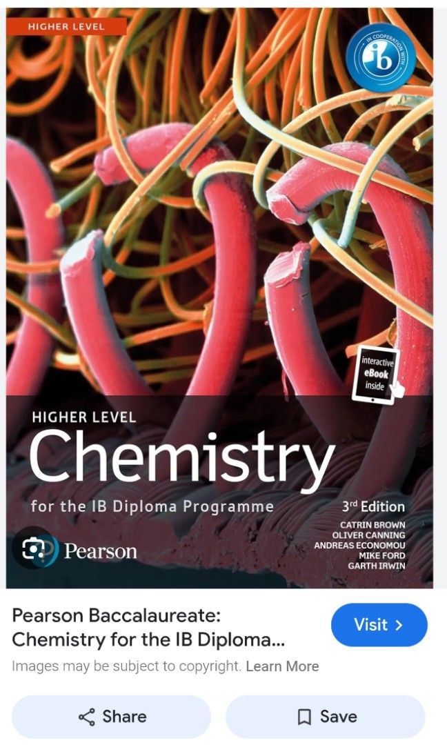 RARE Pearson IBDP Chemistry High Level Book 3rd Edition (Category: Textbooks) located in Caloocan City. Submitted by szejasmin66907 (Listing ID 1440609957, Image 3). Description: - IB Diploma Programme Chemistry Higher Level Textbook - 3rd Edition - Authors: Catrin Brown, Mike Ford, Oliver Canning, Andreas Economou, Garth Irwin - Includes interactive eBook access - Essential resource for IB Chemistry students.