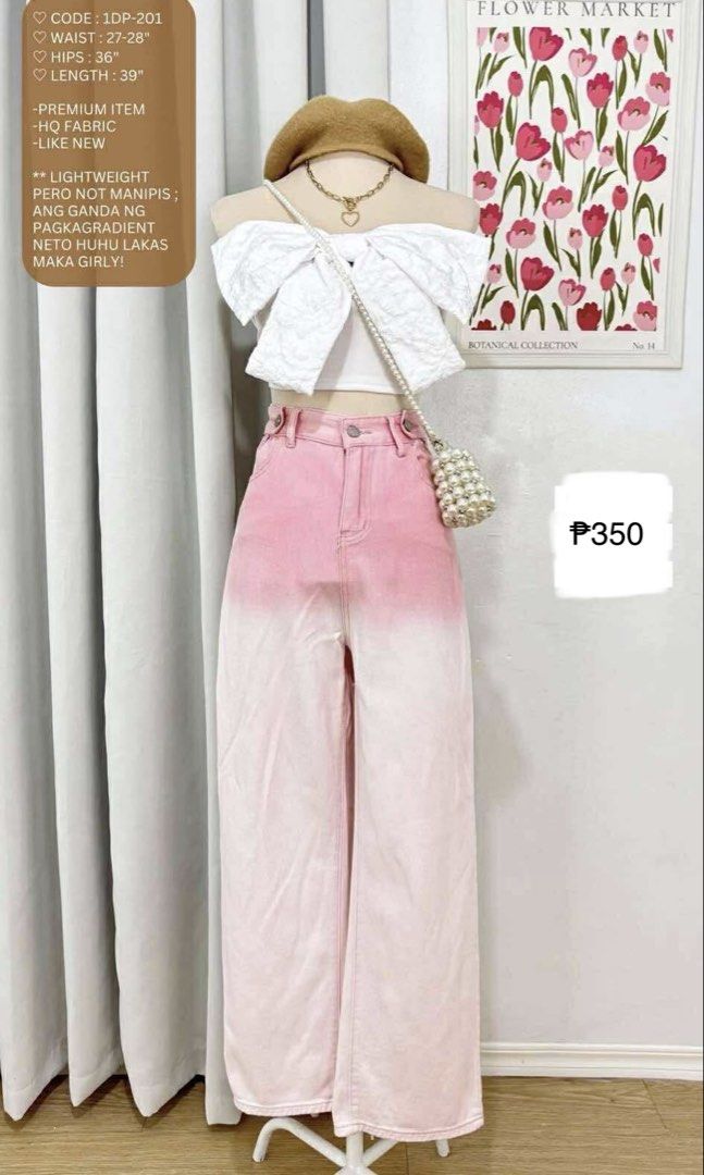 Pink Ombre Wide Leg Jeans (Category: Jeans) located in Nagcarlan. Submitted by jemcollex (Listing ID 1440655699, Image 1). Description: - Premium quality jeans with a beautiful pink ombre gradient. - Lightweight and not too tight, offering a comfortable fit. - Stylish wide-leg design for a super cute, girly vibe. - Measurements: Waist 27-28", Hips 36", Length 39". - Perfect for a stylish, casual look..