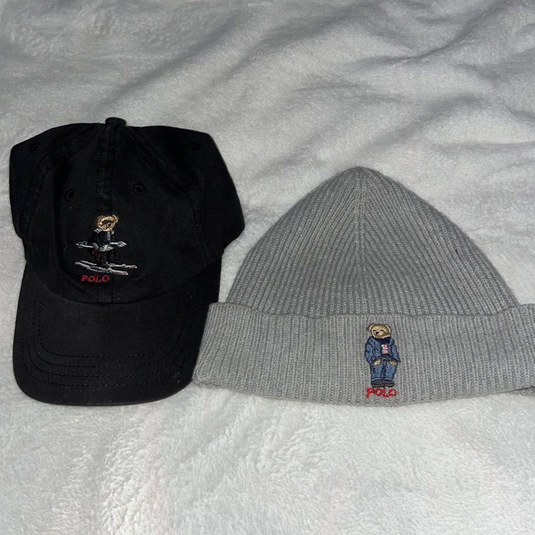 Polo Ralph Lauren Bear Cap and Beanie Set (Category: Caps & Hats) located in Manila. Submitted by rapthrifts (Listing ID 1440622430, Image 1). Description: - Polo Ralph Lauren black baseball cap with skiing Polo Bear - Polo Ralph Lauren grey beanie with Polo Bear in a jacket - Both caps are adjustable - Ideal set for any Polo Ralph Lauren enthusiast.