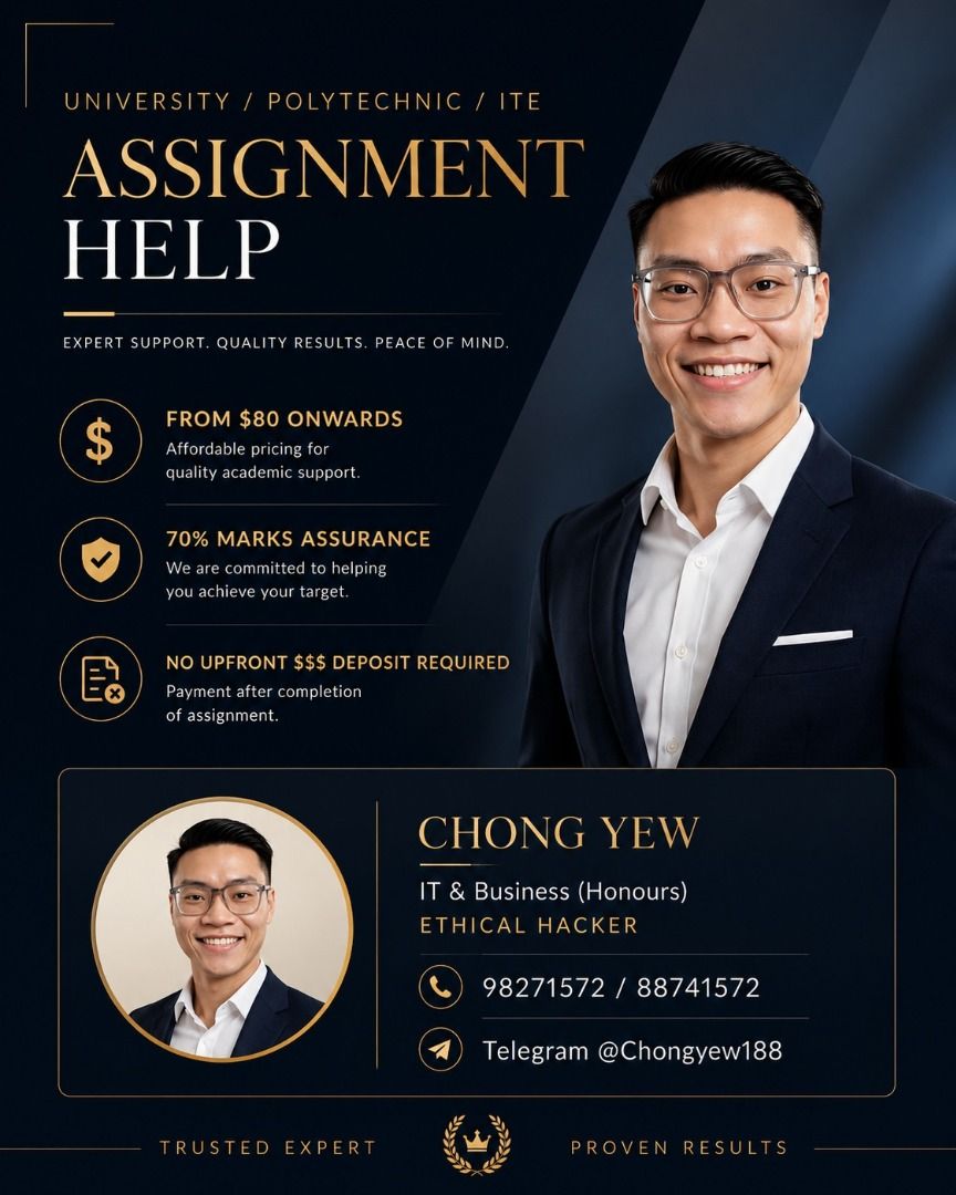 Programming/Coding/Assignment Help (Category: IT & Programming) located in Singapore. Submitted by vericosolutions (Listing ID 1179105191, Image 1). Description: Struggling with your TMA, ECA, or assignments? Let me help you stay ahead. I provide reliable and high-quality support for TMA, ECA, and academic assignments, tailored to meet the specific requirements of students across various disciplines. I am committed to deliver plagiarism-free work