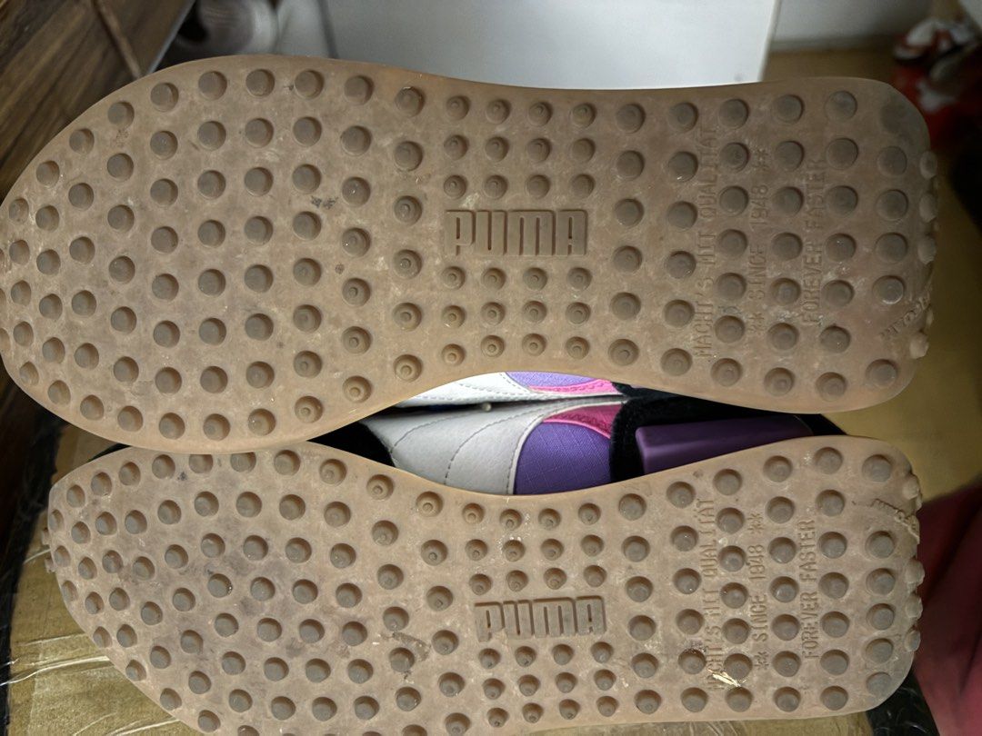 Puma Future Rider Play On Sneakers (Category: Sneakers) located in Quezon City. Submitted by dtzee (Listing ID 1440675398, Image 3). Description: - Puma Future Rider Play On sneakers - Vibrant multi-color design: purple, pink, orange, green accents - Clean white laces and soles - Iconic Puma branding on side and tongue - Perfect for everyday casual wear - Shows some signs of wear on soles and uppers Size 8.5US.