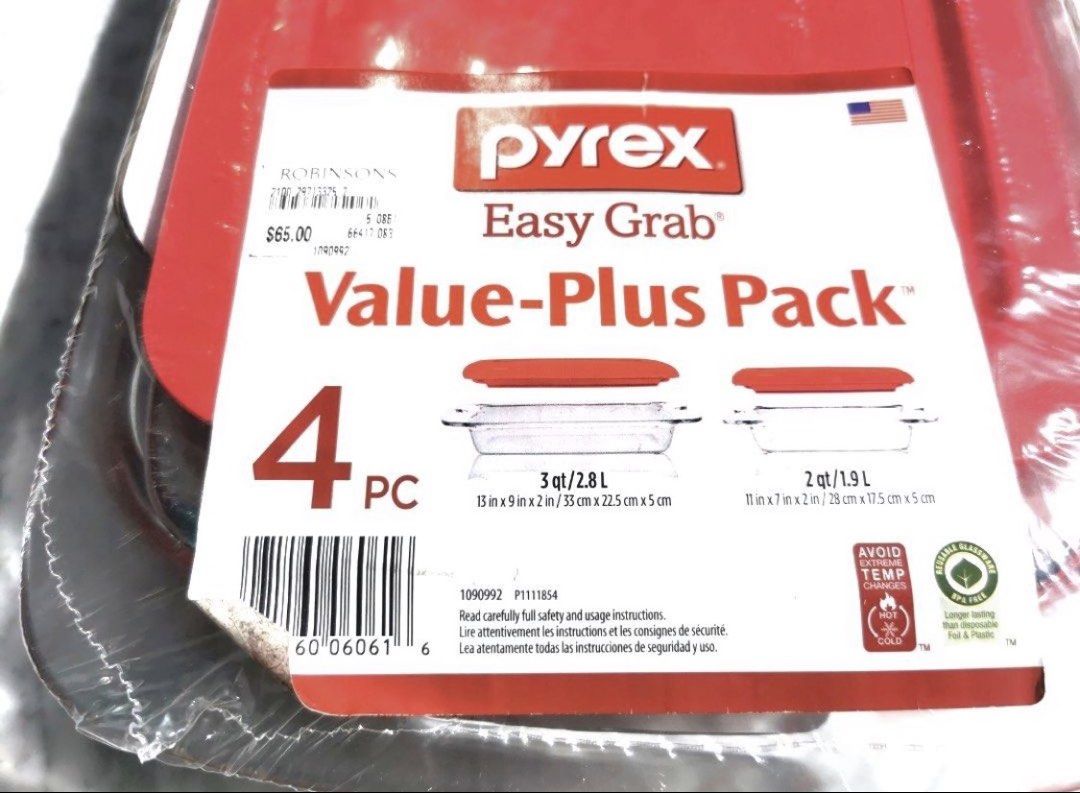 Pyrex Easy Grab 4-piece Value-Plus Pack baking set (Category: Cookware & Accessories) located in Singapore. Submitted by lovelysun (Listing ID 1440609037, Image 1). Description: This is a Pyrex Easy Grab 4-piece Value-Plus Pack baking set with red lids. .