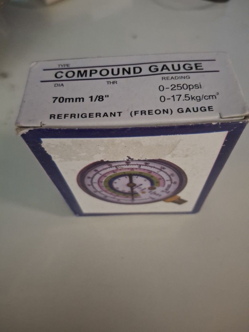 Refrigerant Compound Gauge (Freon) 0-250psi (Category: Industrial Equipment) located in Manila. Submitted by n0cturnyl (Listing ID 1440660563, Image 2). Description: - Compound gauge for refrigerants - untested - Reads 0-250psi or 0-17.5kg/cm² - 70mm diameter - 1/8" thread size - Comes in original box - Ideal for AC servicing.