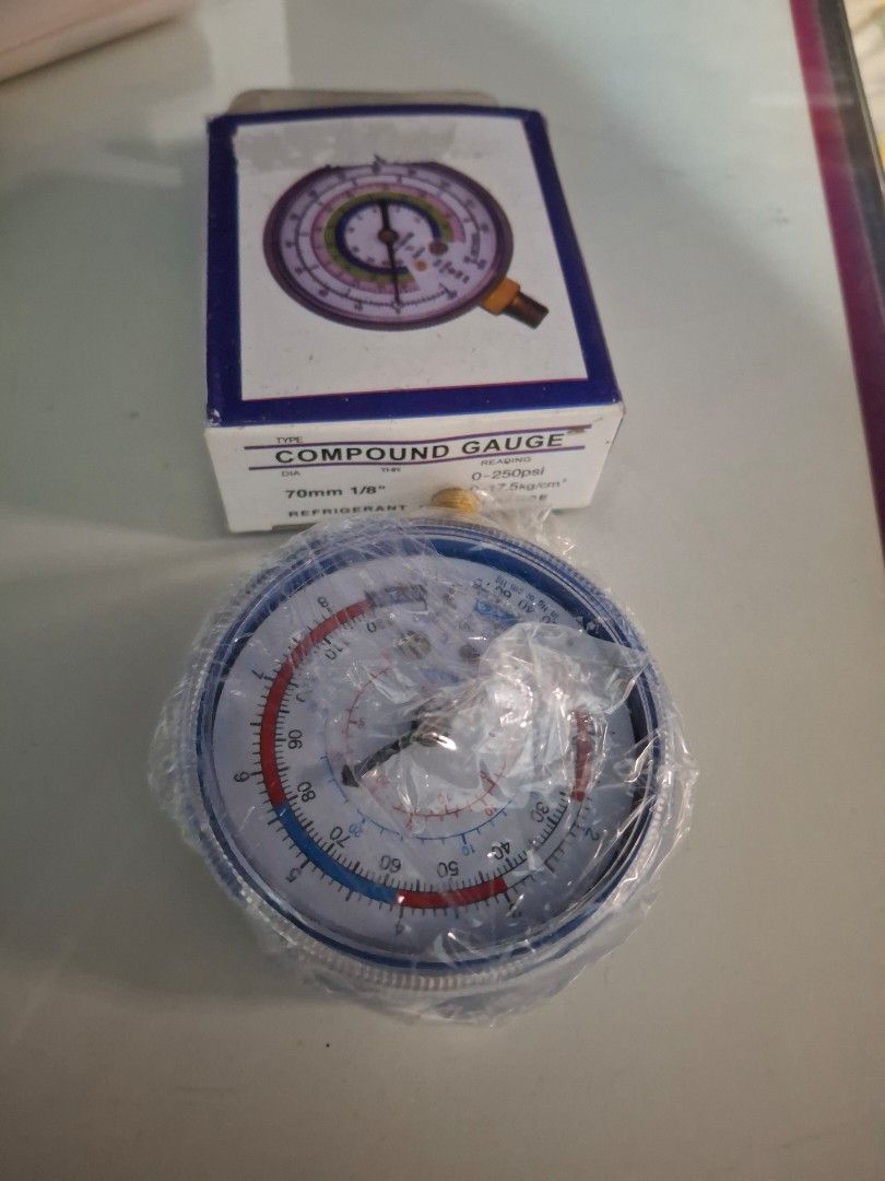 Refrigerant Compound Gauge (Freon) 0-250psi (Category: Industrial Equipment) located in Manila. Submitted by n0cturnyl (Listing ID 1440660563, Image 3). Description: - Compound gauge for refrigerants - untested - Reads 0-250psi or 0-17.5kg/cm² - 70mm diameter - 1/8" thread size - Comes in original box - Ideal for AC servicing.