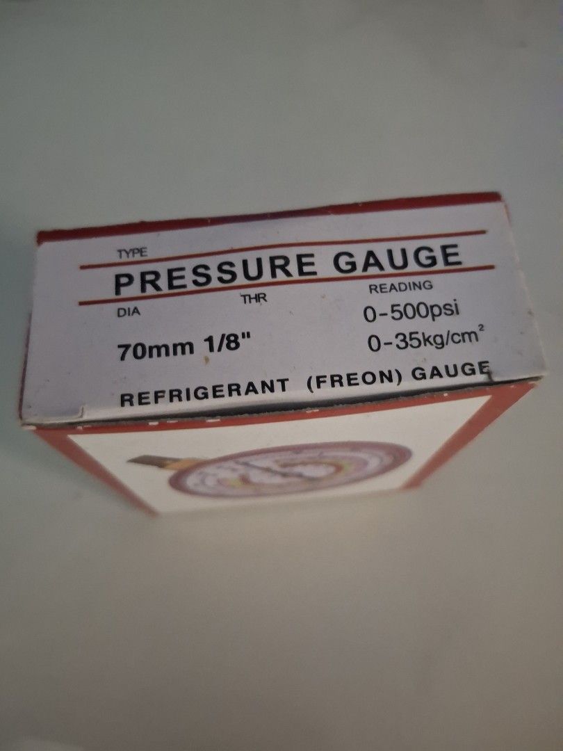Refrigerant Pressure Gauge 0-500psi (Category: Industrial Equipment) located in Manila. Submitted by n0cturnyl (Listing ID 1440660565, Image 2). Description: - Refrigerant (Freon) Pressure Gauge - Diameter: 70mm, 1/8" thread - Reading: 0-500psi or 0-35kg/cm² - Includes original box - Ideal for aircon servicing.
