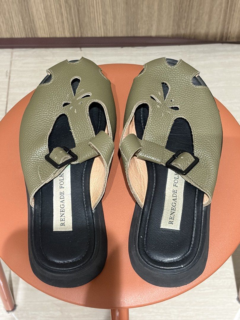 Renegade Folk RF Together Mules in Sage (Category: Sandals) located in Caloocan City. Submitted by shop.nia (Listing ID 1440595295, Image 1). Description: RF together slides in size 9 - Sage - in very good condition, just needs cleaning - used a few times only - with box rfs: not my style.