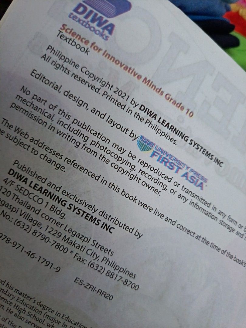 Science for Innovative Minds Grade 10 DIWA Textbook (Category: Textbooks) located in Manila. Submitted by mookiemonster (Listing ID 1440751818, Image 2). Description: - Grade 10 Science for Innovative Minds textbook - Published and exclusively distributed by DIWA LEARNING SYSTEMS INC. - Philippine Copyright 2021 - Please check photos for detailed condition of the book. - only 1 page with answer. like new.