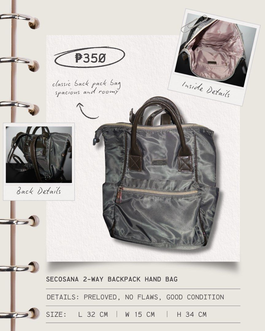 Secosana 2-Way Backpack Hand Bag (Category: Backpacks) located in Calamba. Submitted by declutter.rebski (Listing ID 1440703610, Image 1). Description: Secosana 2-Way Backpack Hand Bag ₱350 A classic and functional bag designed for everyday use. Can be used as both a backpack and hand bag, offering versatility and convenience. Spacious and roomy enough to fit your daily essentials comfortably. DETAILS: • Preloved • No flaws • Good condition • Spa