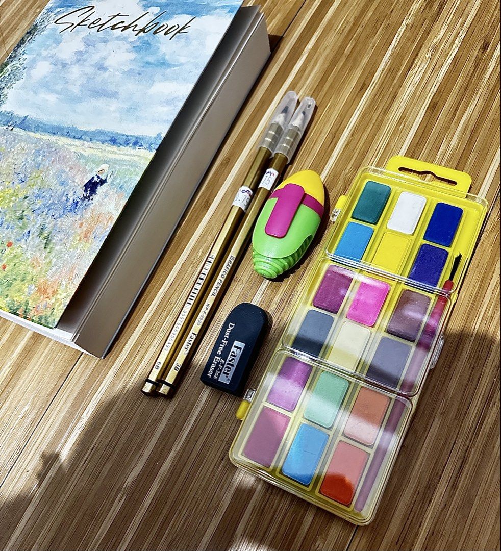 Sketchbook & Color Set (Category: Stationery & School Supplies) located in Taguig. Submitted by seek_and_ship (Listing ID 1440698626, Image 3). Description: - Beautiful landscape cover sketchbook (blank page) - Set of 12 vibrant acrylic markers in a clear case ( not easily bleed in onto next page) - Includes 18 water color with brush - 2 pencil with cover 3B & 6B - 1 Dust-Free Eraser - 1 Sharpener - Ideal for drawing and various art projects.