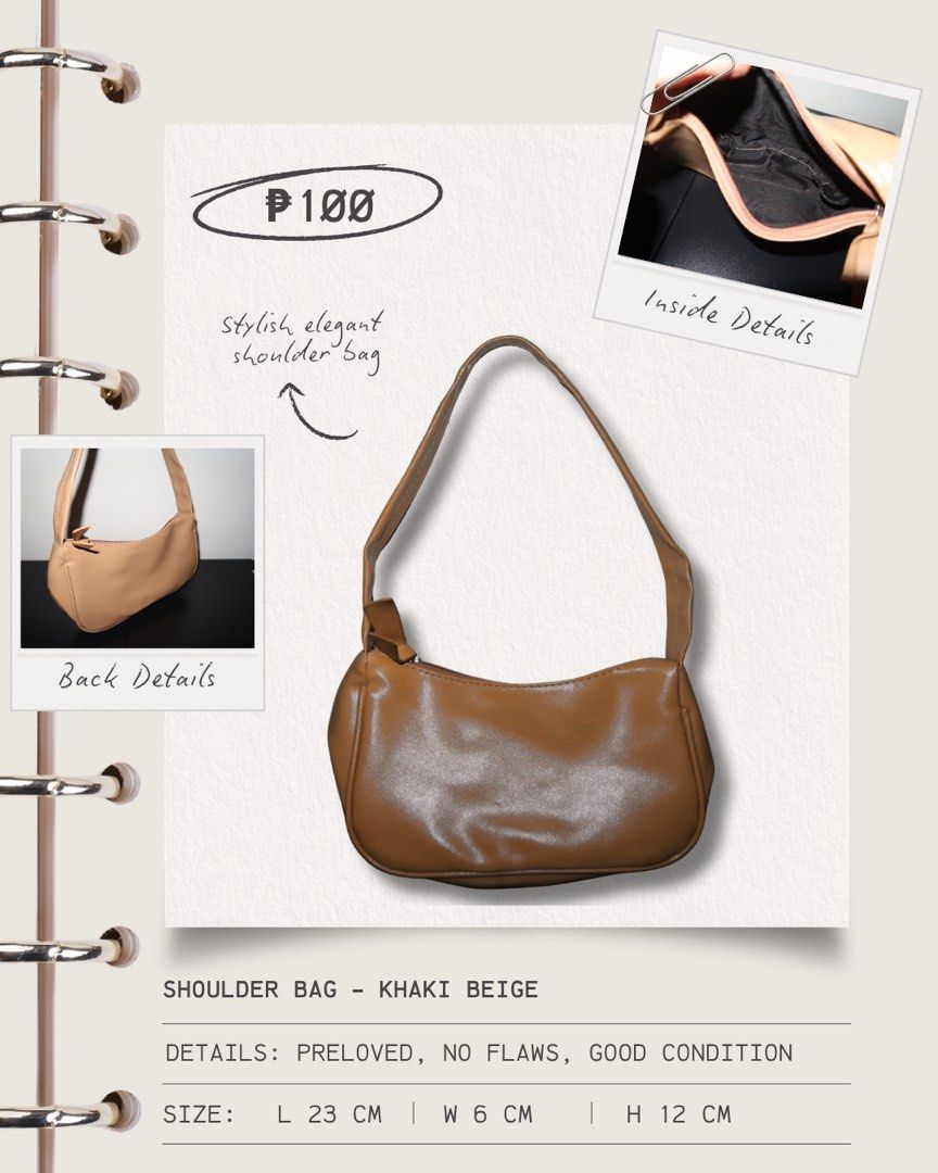 Stylish Shoulder Bag – Khaki Beige (Category: Purses & Pouches) located in Calamba. Submitted by declutter.rebski (Listing ID 1440701384, Image 1). Description: Stylish Shoulder Bag – Khaki Beige ₱100 A stylish and elegant shoulder bag in a versatile khaki beige shade, perfect for everyday use. Compact, lightweight, and easy to match with any outfit for a simple yet classy look. DETAILS: • Preloved • No flaws • Good condition • High-quality mater