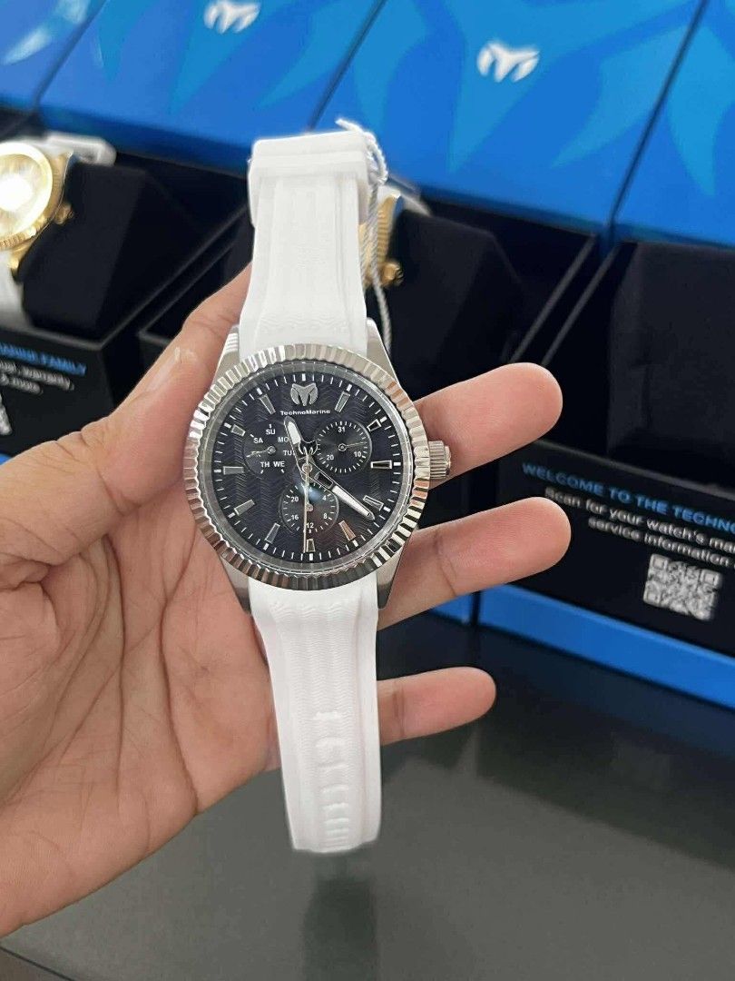 TechnoMarine (Category: Men's Watches) located in Toledo. Submitted by sissyoriginalstuff (Listing ID 1440668507, Image 3). Description: Memorial Day Clearance Deal‼️ bssbbe ₱3,999 Perfect gift for him❤️. Technomarine Moonsun White Rubber Strap. Mall MRSP: 22k. Down payment: 1000 php onlyy. Lay away for 2-3 months. Case 42mm. Water resistant. Stainless steel.12 hrs deal onlyyy..