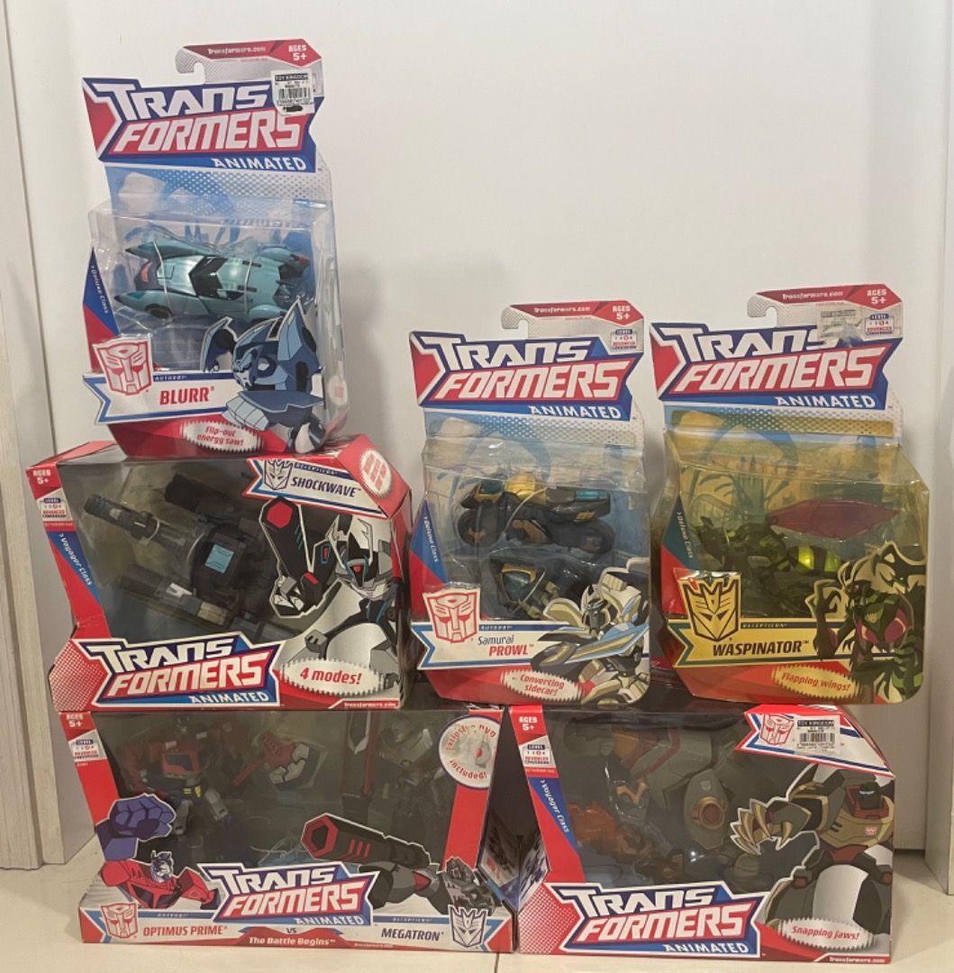 Transformers Animated SALE (Category: Figurines & Statues) located in Taguig. Submitted by clonedbricks (Listing ID 1440595373, Image 1). Description: Located in BGC Lalamove or J&T ok if covered by buyer - Optimus Prime vs. Megatron (BIB) | ✅ P1,799 - Waspinator (BIB w/ freebie) | ✅ P2,499 - Blurr (BIB w/ manual) | ✅ P2,999 - Shockwave (BIB) | ✅ P4,999 only - Blitzwing (BIB w/ manual) | ✅ P8,999 only *SOLD* - Sentinel Prime (loose) | P1,000 - So