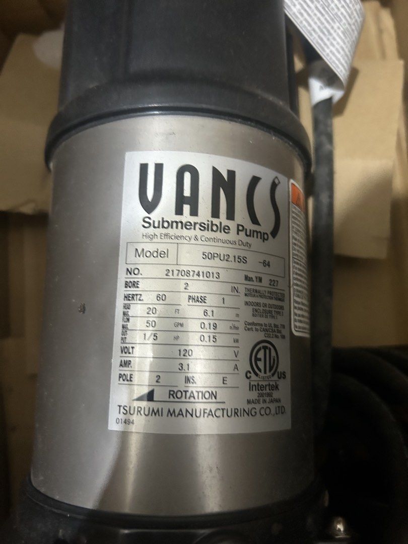 Tsurumi Submersible Pump - 50GPM (Category: Construction Tools & Equipment) located in Manila. Submitted by relan_mndz05 (Listing ID 1440624482, Image 2). Description: Selling Submersible Pump (Tsurumi) Specs: Model - 50PU2.15S Electrical Specs - 120 V / 1 Phase / 60 Hz Max Flow - 50GPM New. Never used. RFS: Not needed. Extra from previous project. A Asking Price: 15000 for each pump (3pcs available) Location: Las Pinas Mode of Payment: CASH/Bank
