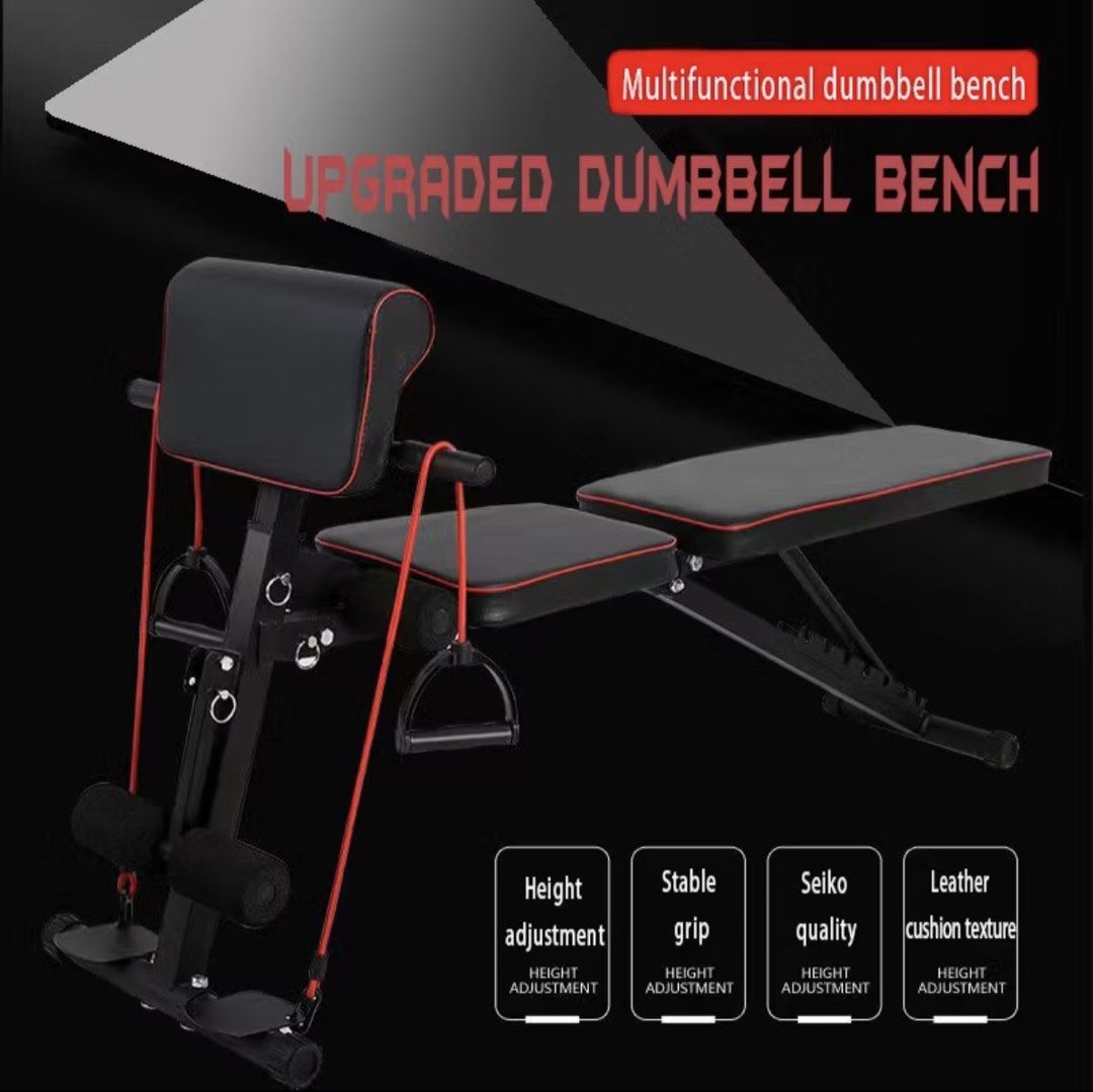 Upgraded Multifunctional Dumbbell Bench with Resistance Bands (Category: Weights & Dumbbells) located in Tuguegarao City. Submitted by crisenlysuzette (Listing ID 1440653467, Image 1). Description: - Upgraded multifunctional dumbbell bench - Adjustable height and backrest positions - Multi-step seat adjustment - Stable design with comfortable leather cushion - Comes with resistance bands for added exercises - Suitable for various exercise intensi