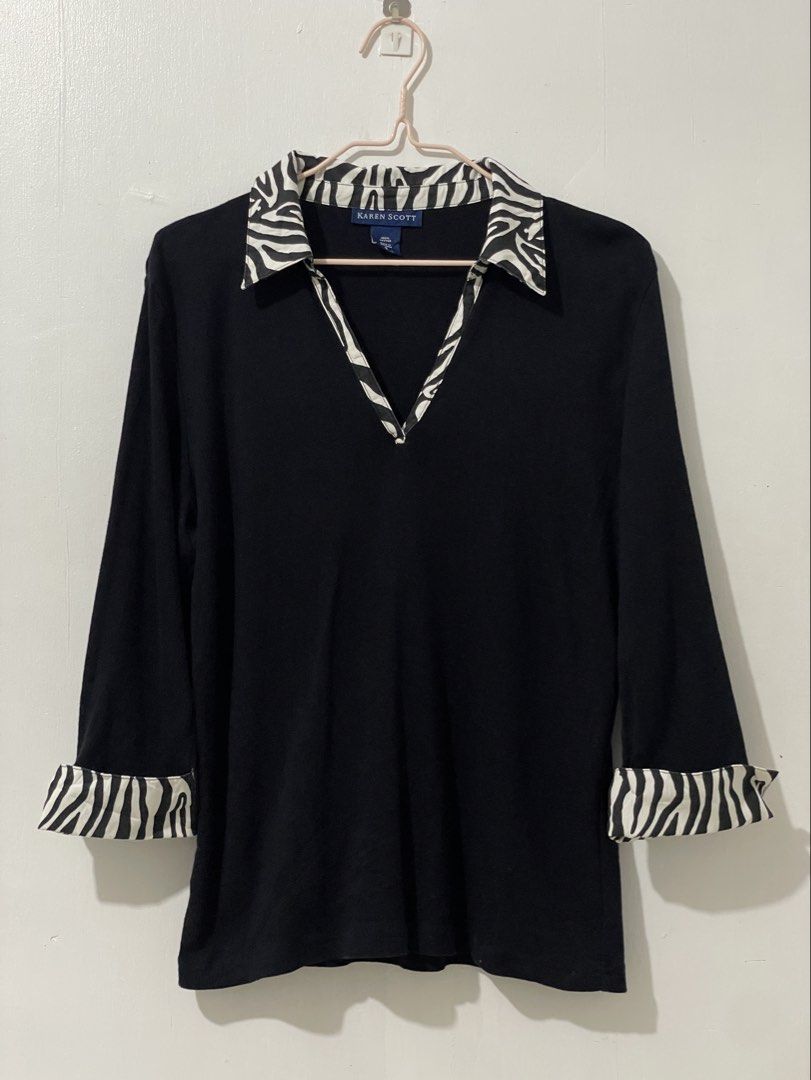 Y2K Karen Scott Zebra Cuff & Colar Print (Category: Blouses) located in Tuguegarao City. Submitted by ziggerryy (Listing ID 1440668679, Image 1). Description: Y2K Vintage No flaws. No holes Small on tag but best fits M-L Super nice Last photo ww inspired.