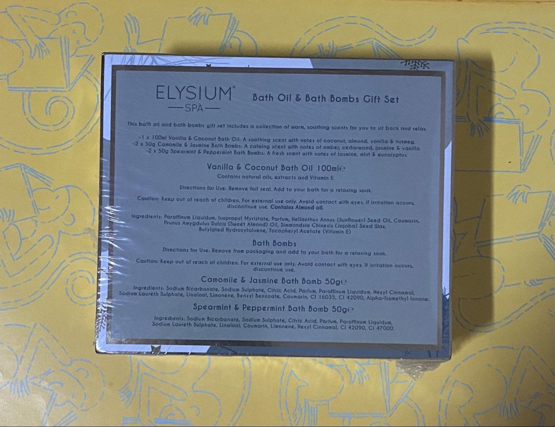 0423. Elysium Spa Bath Oil and Bath Bombs Gift Set (Category: Bath) located in Manila. Submitted by reader01 (Listing ID 1435717389, Image 2). Description: - Elysium Spa Bath Oil & Bath Bombs Gift Set - Includes: - 100ml Vanilla & Coconut Bath Oil - 2 Chamomile & Jasmine Bath Bombs - 2 Spearmint & Peppermint Bath Bombs - Designed for relaxation and unwinding - Made in India - Batch Number: 1032.