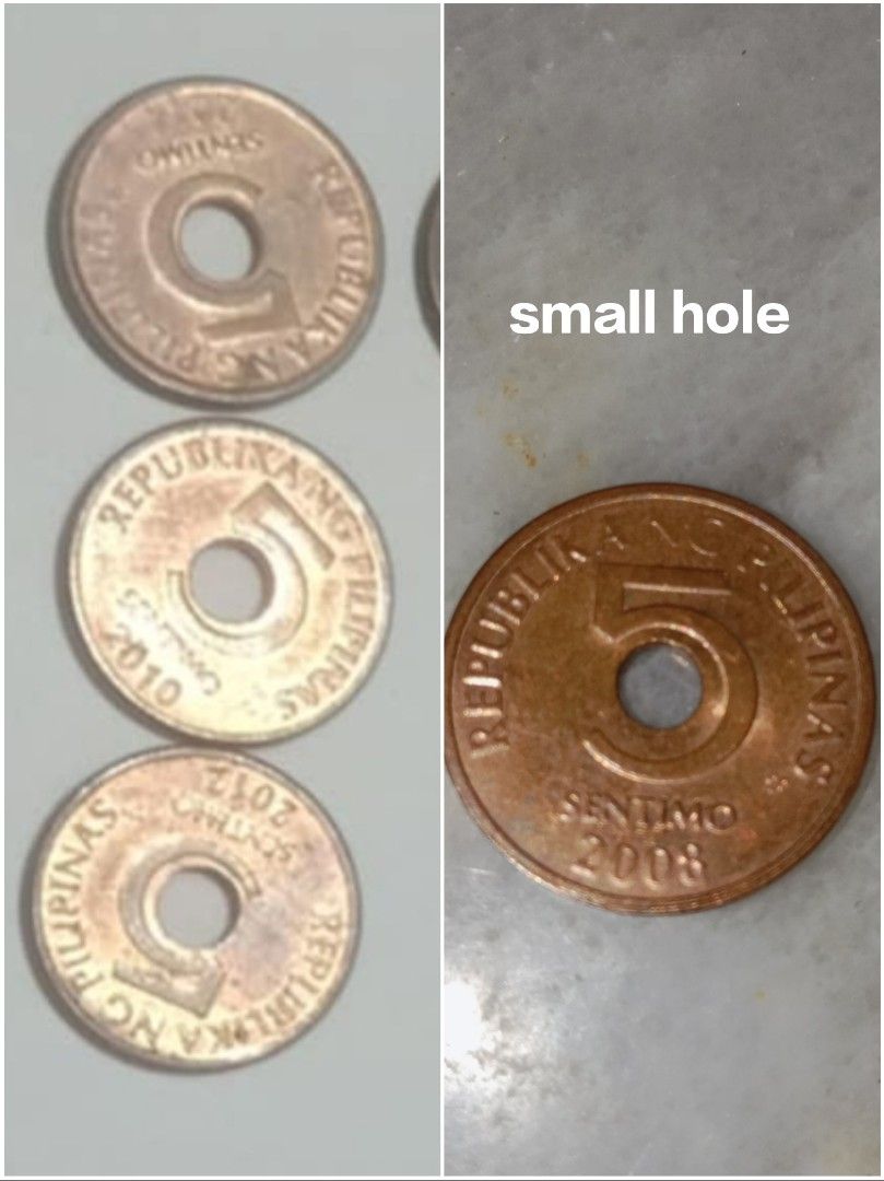 5 Sentimo Coin 2008 (Category: Currency) located in Caloocan City. Submitted by rsp0909 (Listing ID 1431091474, Image 2). Description: 5 Sentimo coin from the Philippines, dated 2008. The coin features a hole in the center and the words "REPUBLIKA NG PILIPINAS" and "SENTIMO" are visible. The number "5" is prominently displayed. (Very small hole 1pc only).