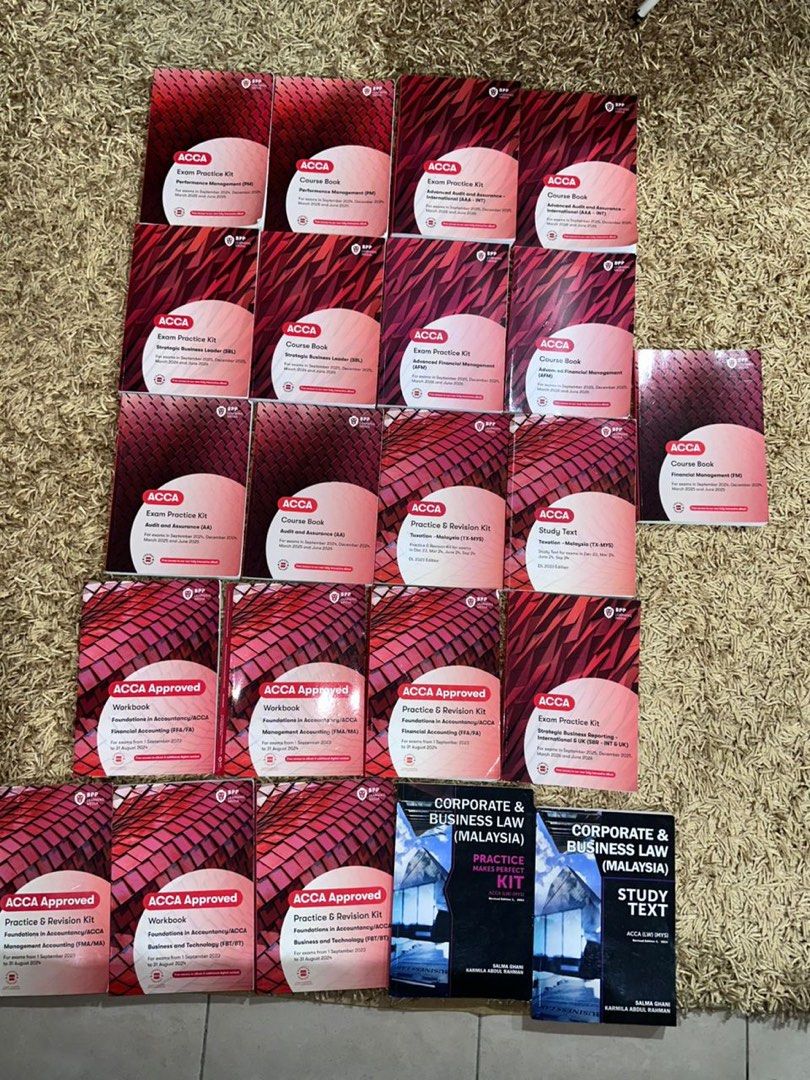 ACCA Study Materials - Various Modules (Category: Textbooks) located in Kuala Lumpur. Submitted by hellohello1234554321 (Listing ID 1435787783, Image 3). Description: - ACCA study materials for sale. - Includes course books, practice kits, and study texts. - Modules available: - Financial Accounting - Management Accounting - Audit and Assurance - Corporate & Business Law (Malaysia) - Materials from various publishers. - Inquire for specific modul