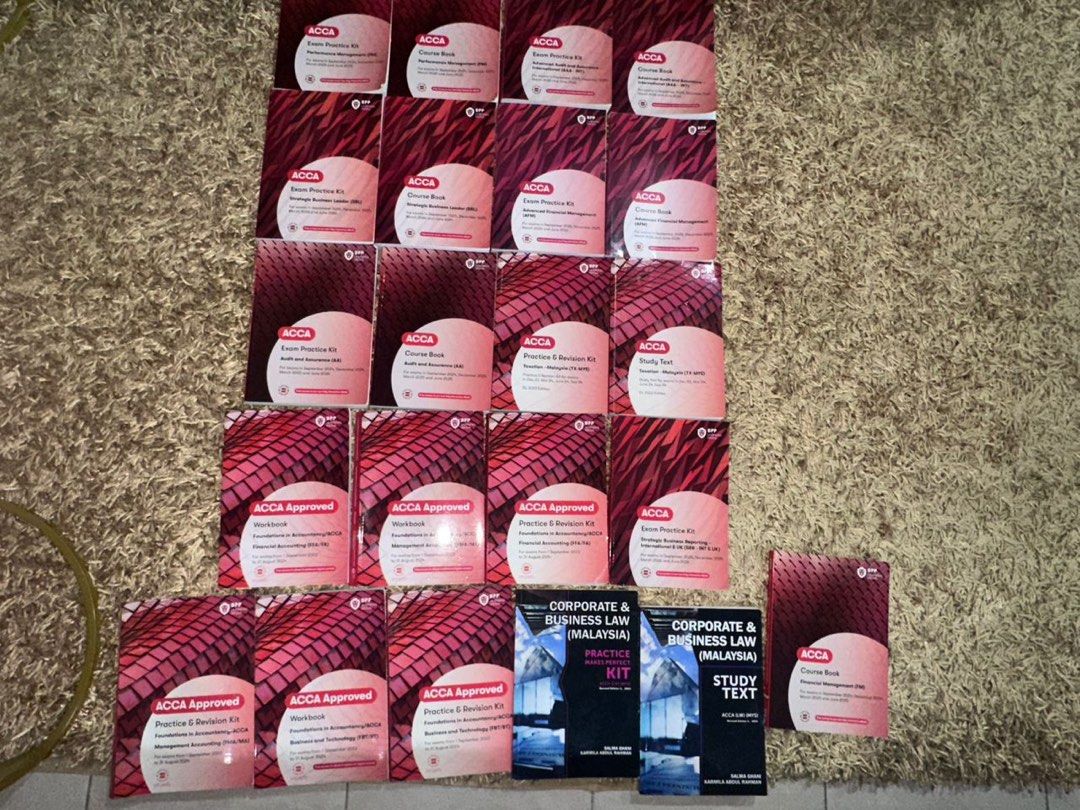 ACCA Study Materials - Various Modules (Category: Textbooks) located in Kuala Lumpur. Submitted by hellohello1234554321 (Listing ID 1435787783, Image 2). Description: - ACCA study materials for sale. - Includes course books, practice kits, and study texts. - Modules available: - Financial Accounting - Management Accounting - Audit and Assurance - Corporate & Business Law (Malaysia) - Materials from various publishers. - Inquire for specific modul