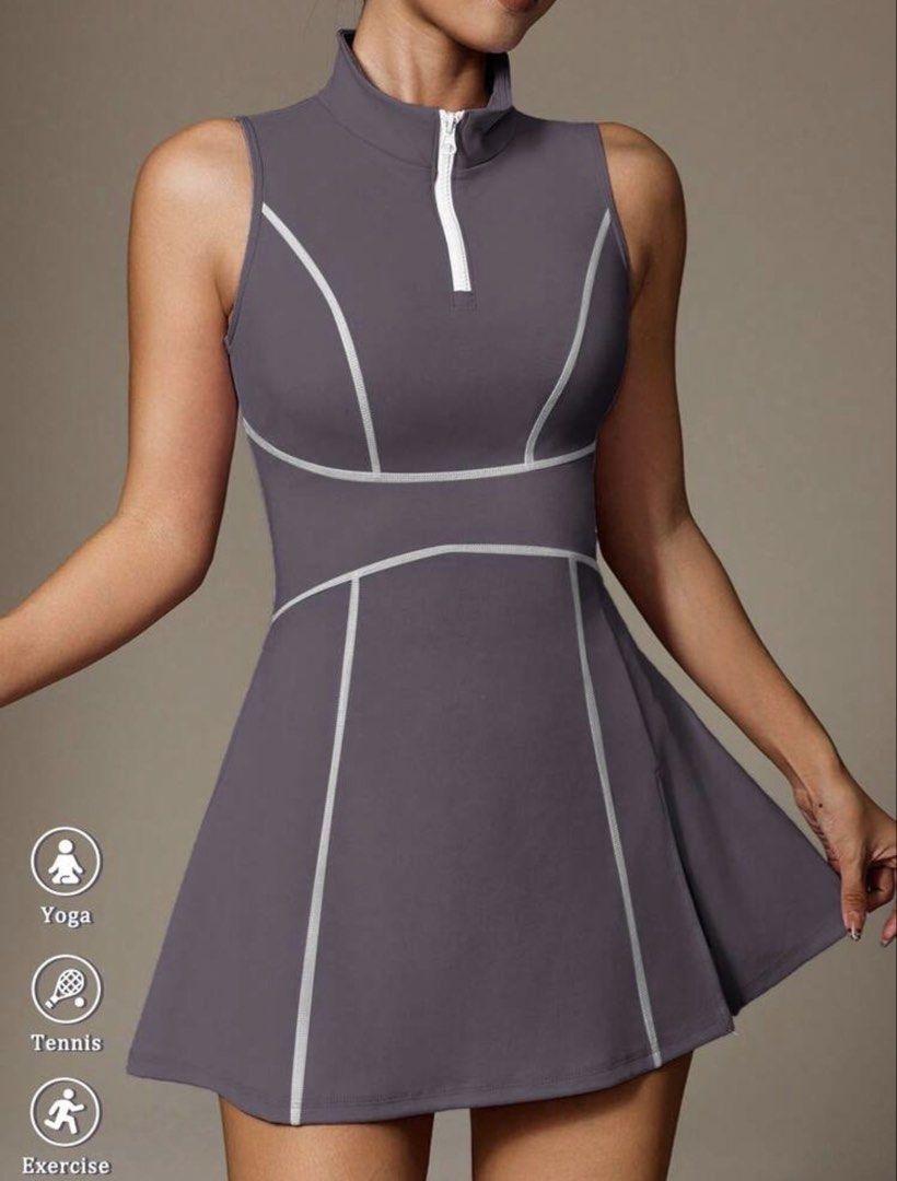 Active Dress with Zipper and Pocket (Category: Dresses) located in Taguig. Submitted by thepinkrabbit (Listing ID 1435784462, Image 2). Description: - Active dress for yoga, tennis, and exercise - Sleeveless design - High collar and zipper - Flattering fit with white piping - Side slit detail - Convenient pocket - Made with 4-way stretch, featherlight, and cloud-soft fabric for a comfortable feel.