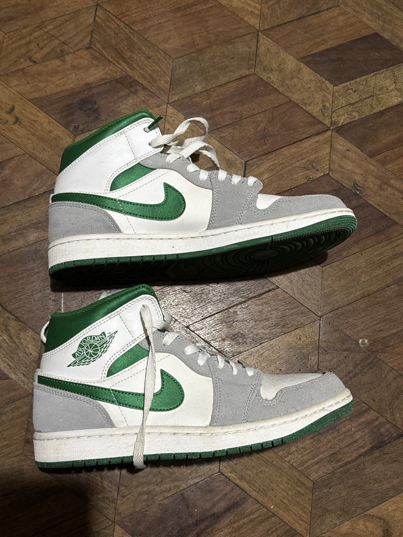 Authentic Air Jordan 1 Mid SE Green Grey (Category: Sneakers) located in Manila. Submitted by youglowgirl (Listing ID 1435862717, Image 1). Description: - Original Air Jordan 1 Mid SE - Colorway: Green, White, and Grey - Size: US 8, UK 7, EUR 41, CM 26 - Green outsole, White midsole.