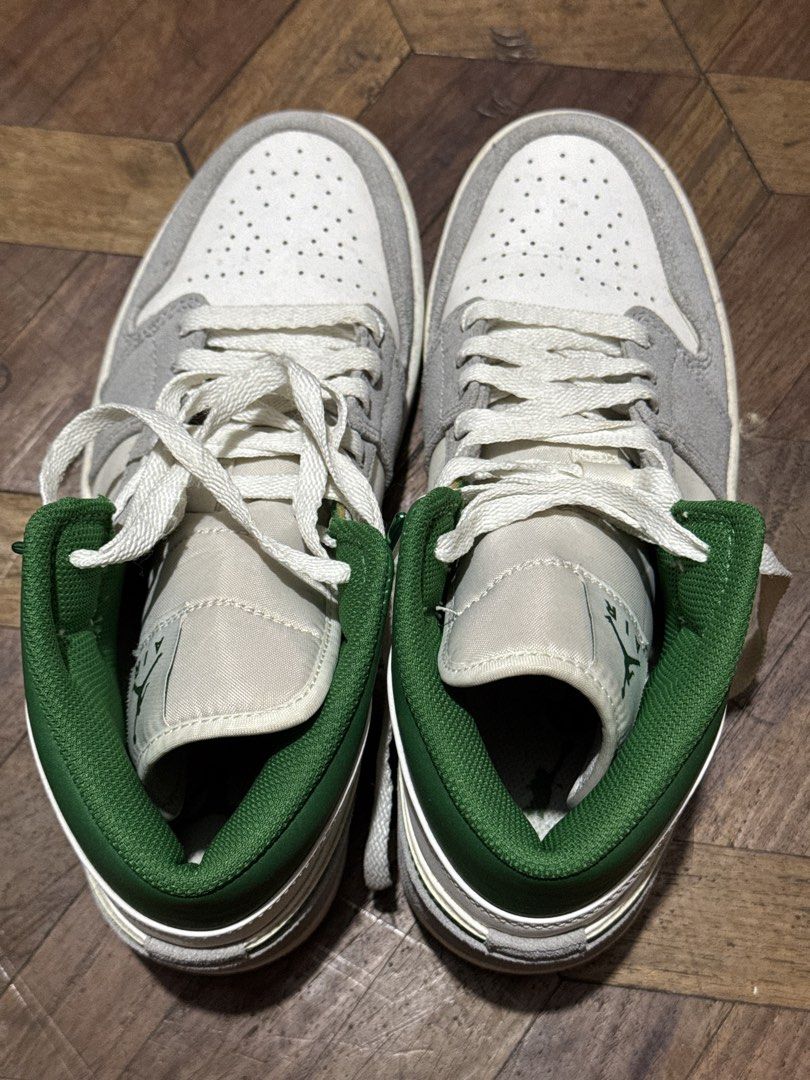 Authentic Air Jordan 1 Mid SE Green Grey (Category: Sneakers) located in Manila. Submitted by youglowgirl (Listing ID 1435862717, Image 2). Description: - Original Air Jordan 1 Mid SE - Colorway: Green, White, and Grey - Size: US 8, UK 7, EUR 41, CM 26 - Green outsole, White midsole.