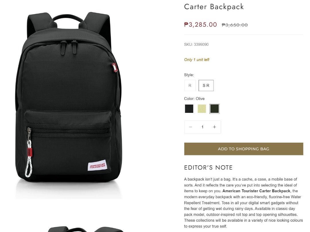 American Tourister Carter Backpack (Category: Backpacks) located in Manila. Submitted by aboutsammy (Listing ID 1435754591, Image 3). Description: - American Tourister Carter Backpack - Water-repellent treatment - Classic day pack design - Roll-top and top opening - Front zip pocket with rope detail - Adjustable shoulder straps Used once. Decluterring era..