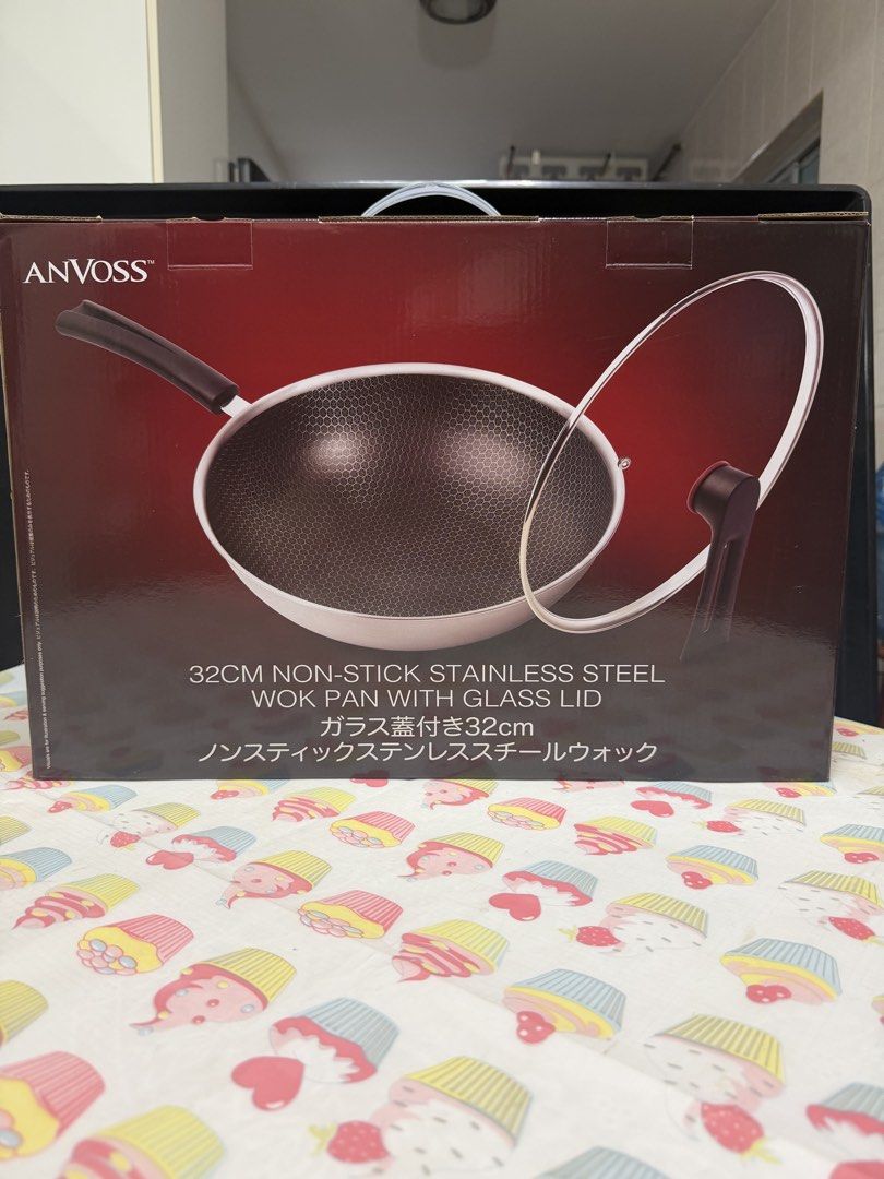 ANVOSS 32cm Non-Stick Stainless Steel Wok with Glass Lid